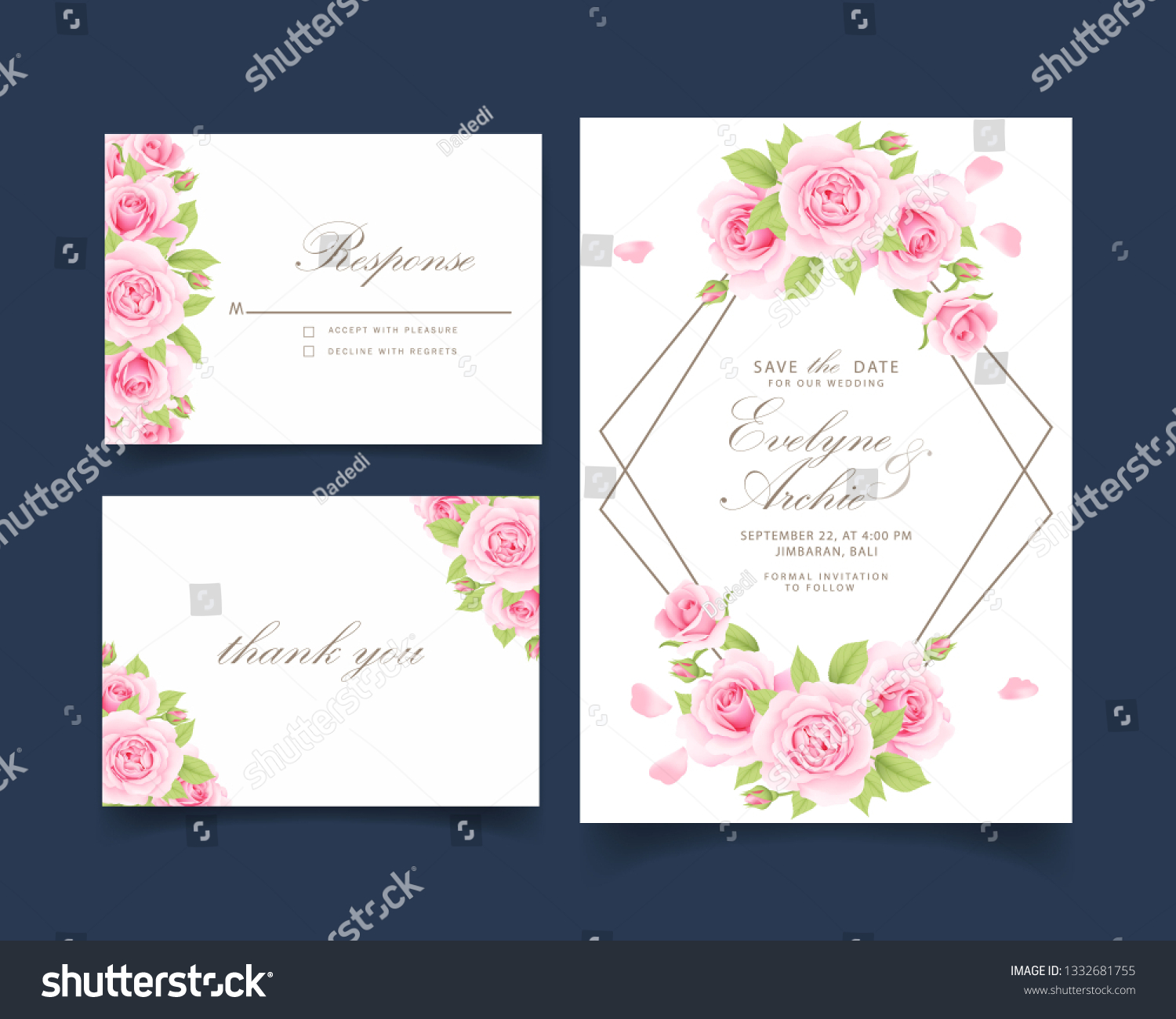 floral wedding invitation with pink rose   #1332681755