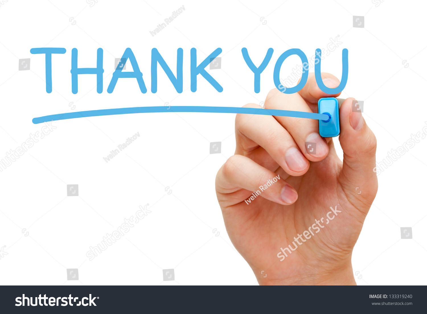 Hand writing Thank You with blue marker on transparent wipe board. #133319240