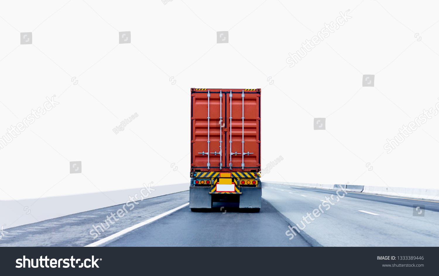 Back view of Truck on road with red container, transportation concept,import,export logistic industrial Transporting Land transport on the expressway.on white background #1333389446