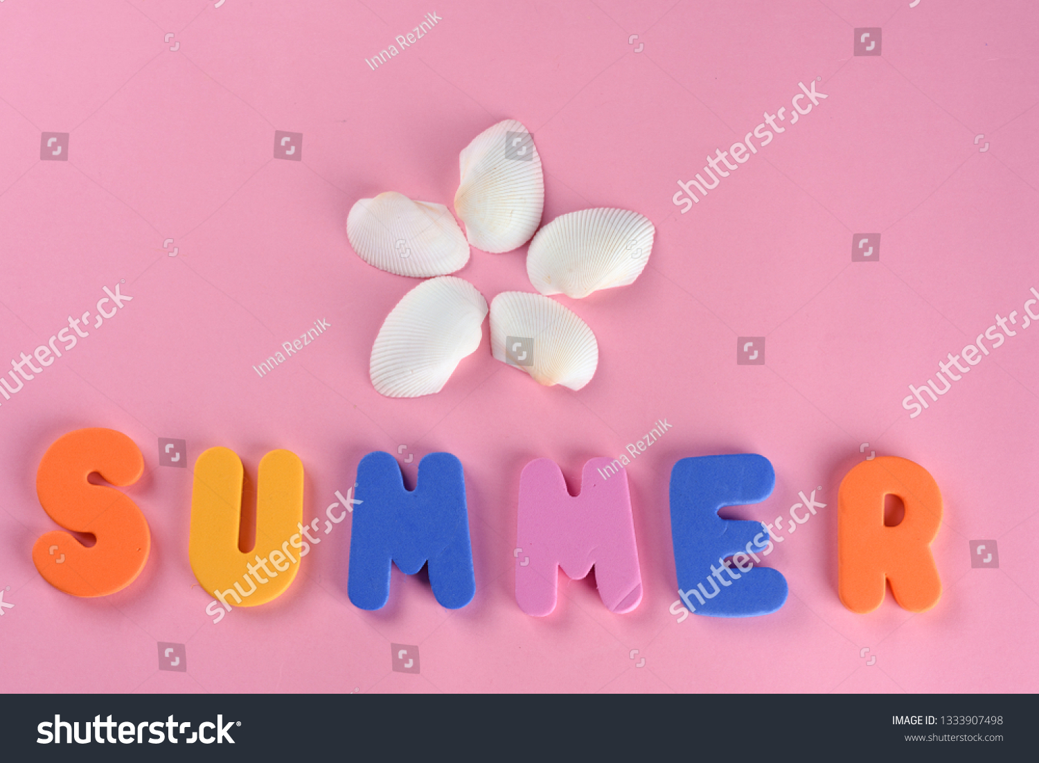Word SUMMER letters and seashell or sea shell on pink textured background. Original idea from natural material for summer design. Flat lay. #1333907498