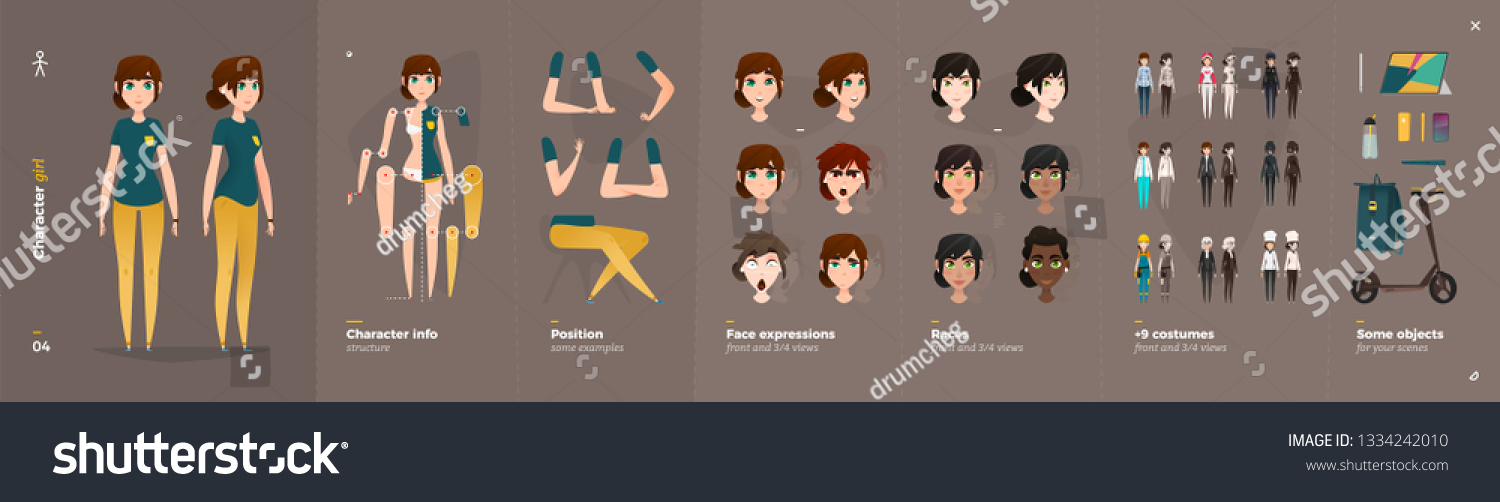 Casual Clothes Style. Girl Cartoon Character for Animation. Default Body Parts Poses with Face Emotions. Five Ethnic Styles #1334242010