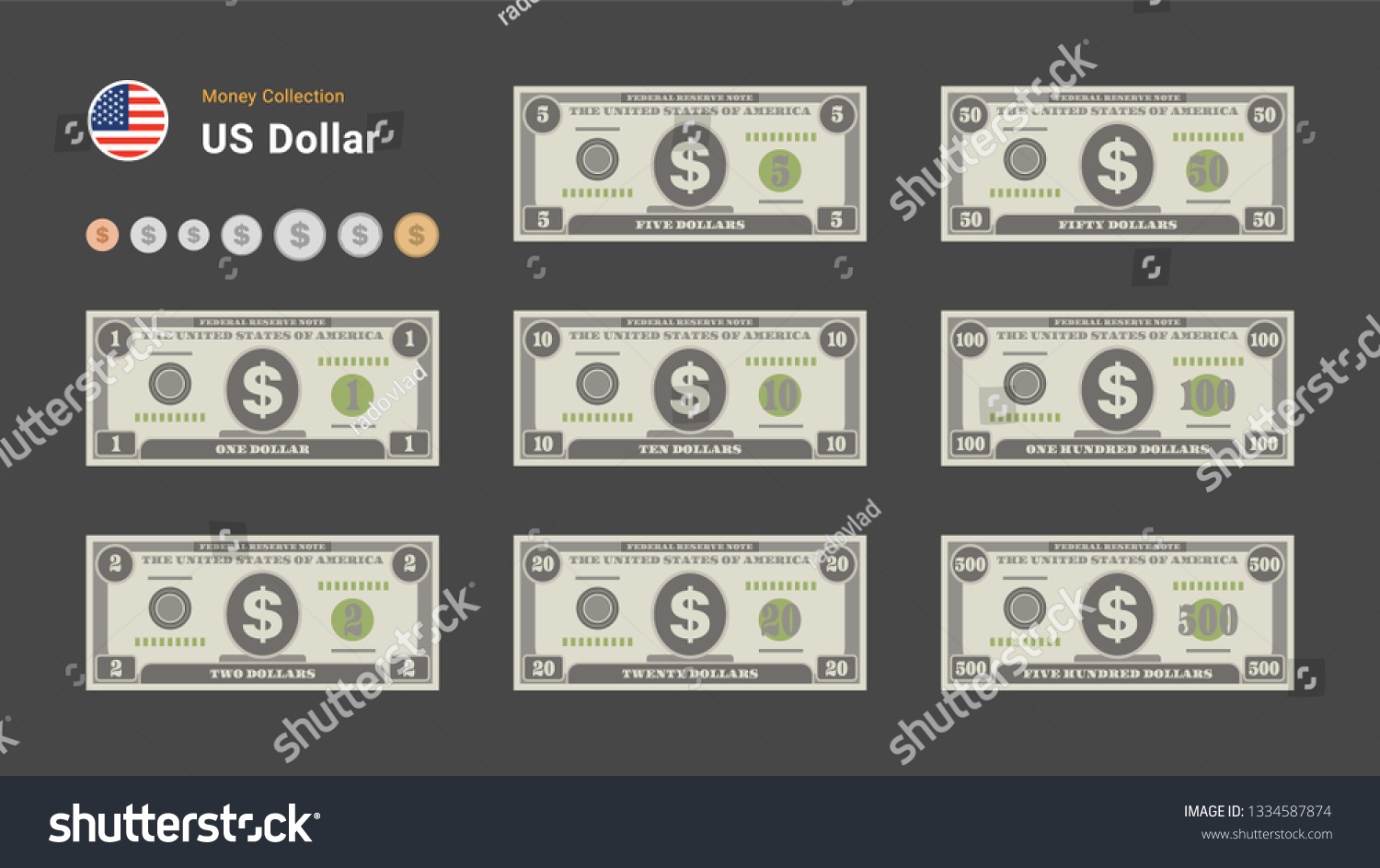 US Dollar bills. American money banknotes and coins. Currency vector set. Stylized drawing of bills. Flat vector illustration. #1334587874