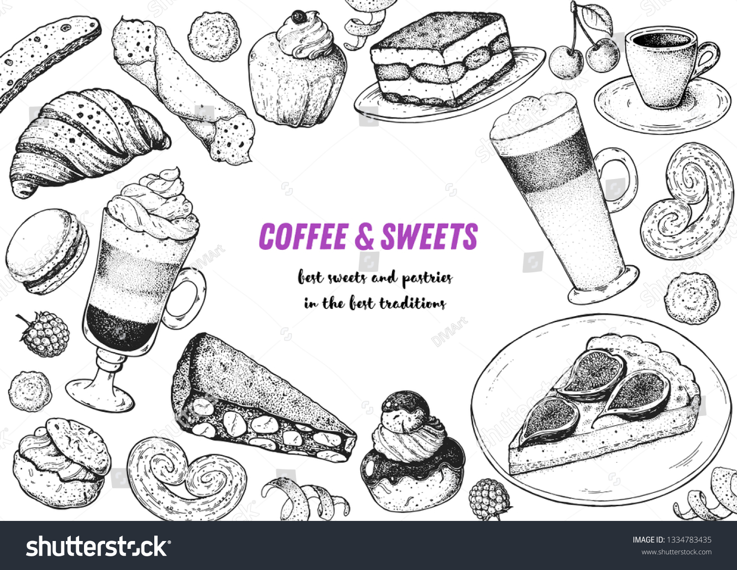 Coffee shop menu design. Hand drawn sketch illustration. Coffee and desserts. Cafe menu elements. Desserts for breakfast.