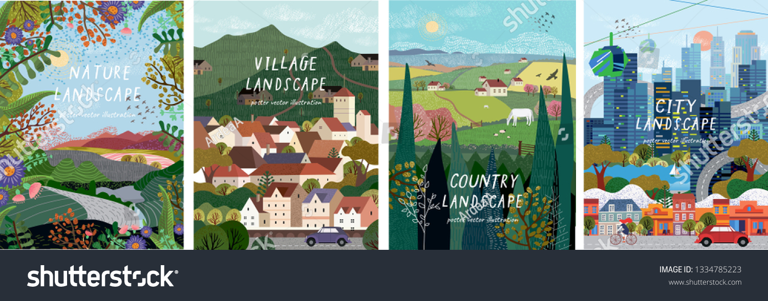 Nature, village, country, city landscapes. Vector illustration of natural, urban and rustic background for poster, banner, card, brochure or cover.