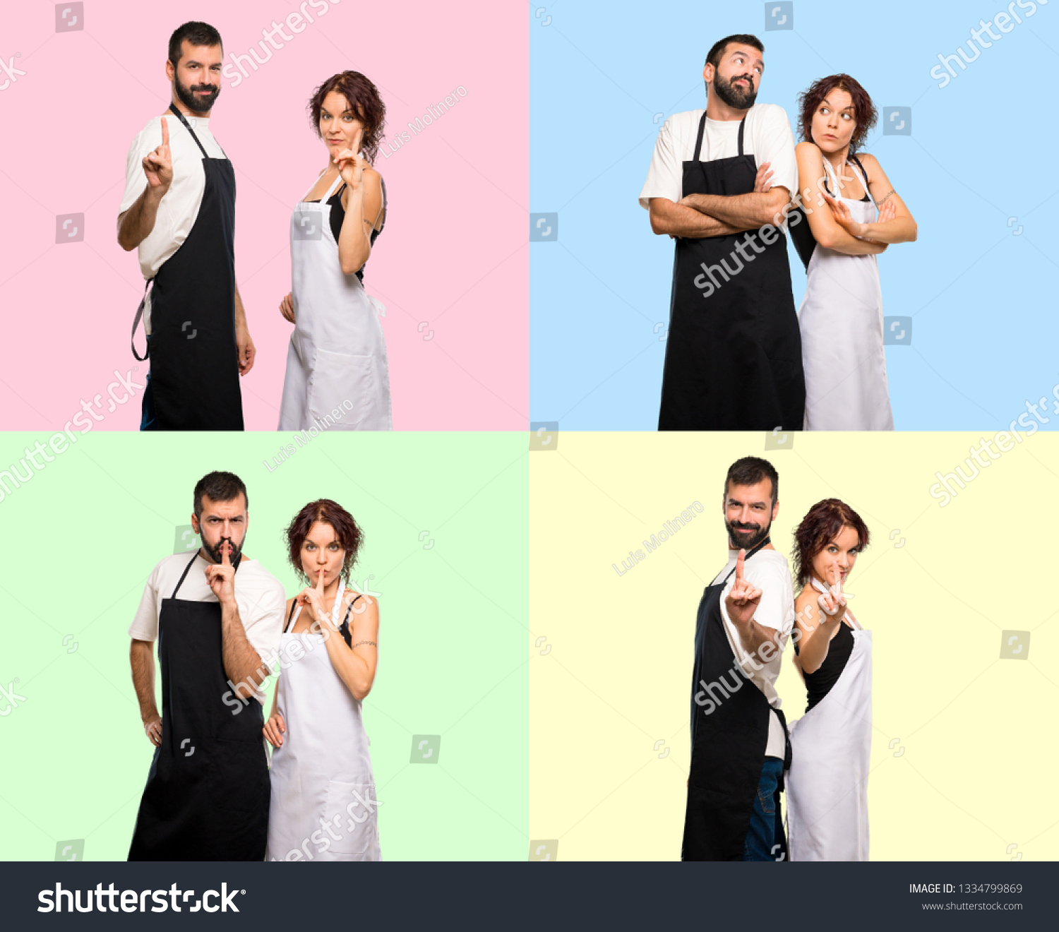 Set of Couple of cooks making unimportant gesture, silence gesture and counting one on colorful background #1334799869