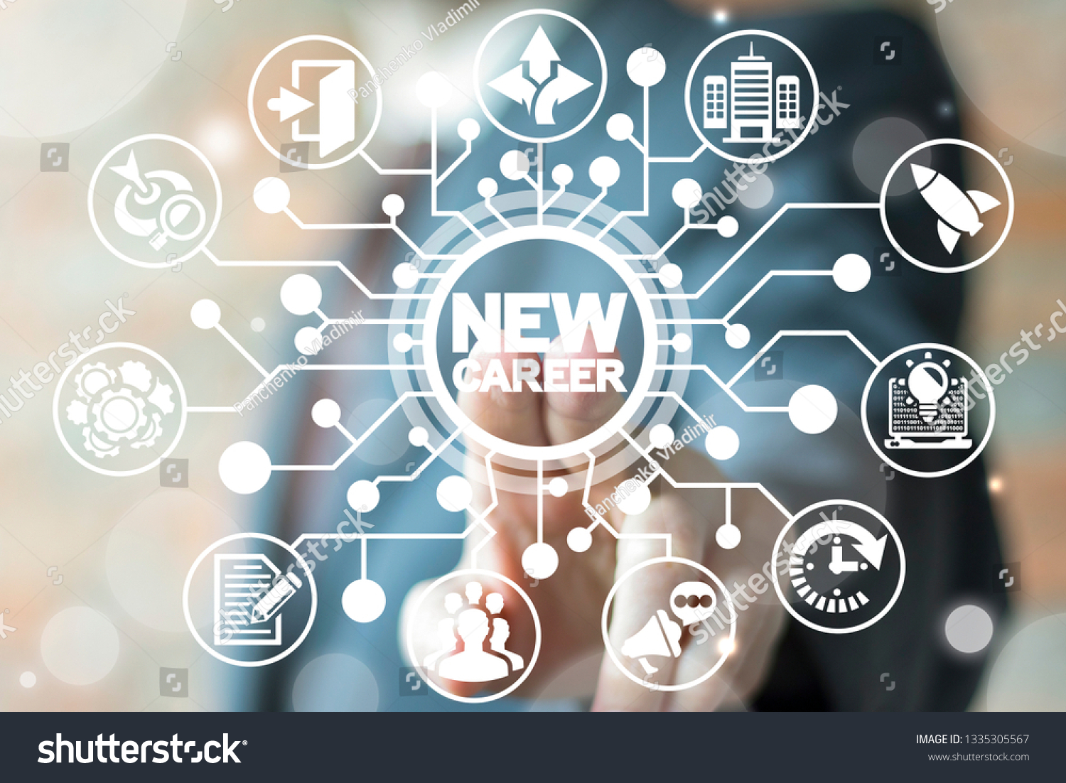 Man uses on a virtual screen of the future and touches the inscription: NEW CAREER. New career start begin business сoncept. Skills growth and motivation. #1335305567
