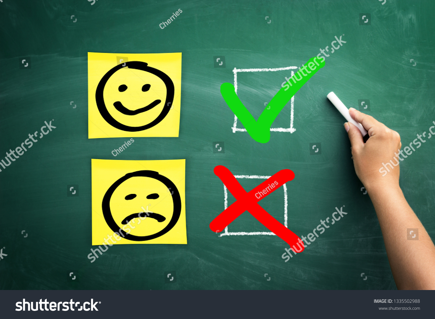 Be positive, choose to be positive, think to be positive. On the school board was checked emotion face  with a smile  #1335502988