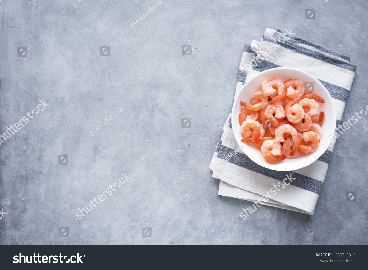 Shrimps, Prawns in bowl, top view, copy space. Fresh seafood ingredient - shrimp tails ready for cooking. Boiled prawns. #1335713315