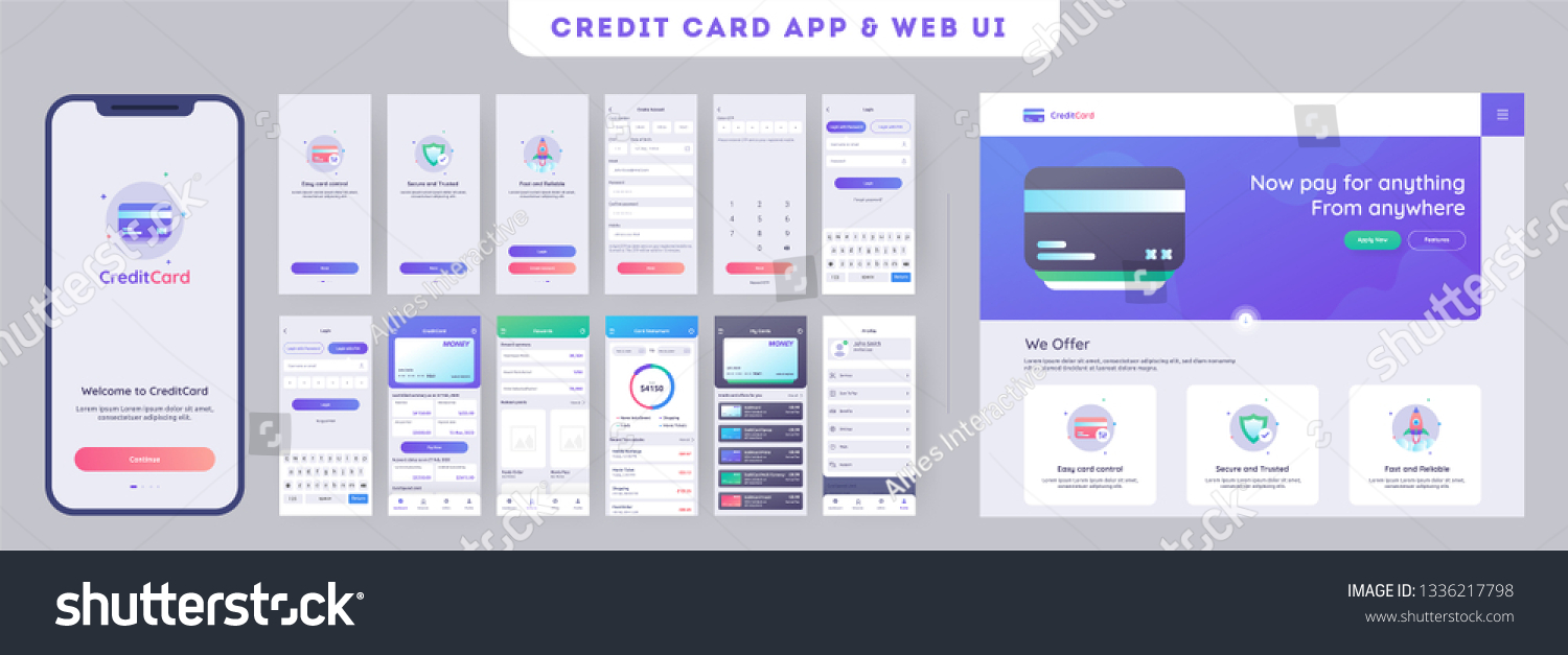 Online Payment or Credit cards app ui kit for responsive mobile app with website menu like as, credit cards uploading, saving, checking accounts and transaction confirmation. #1336217798
