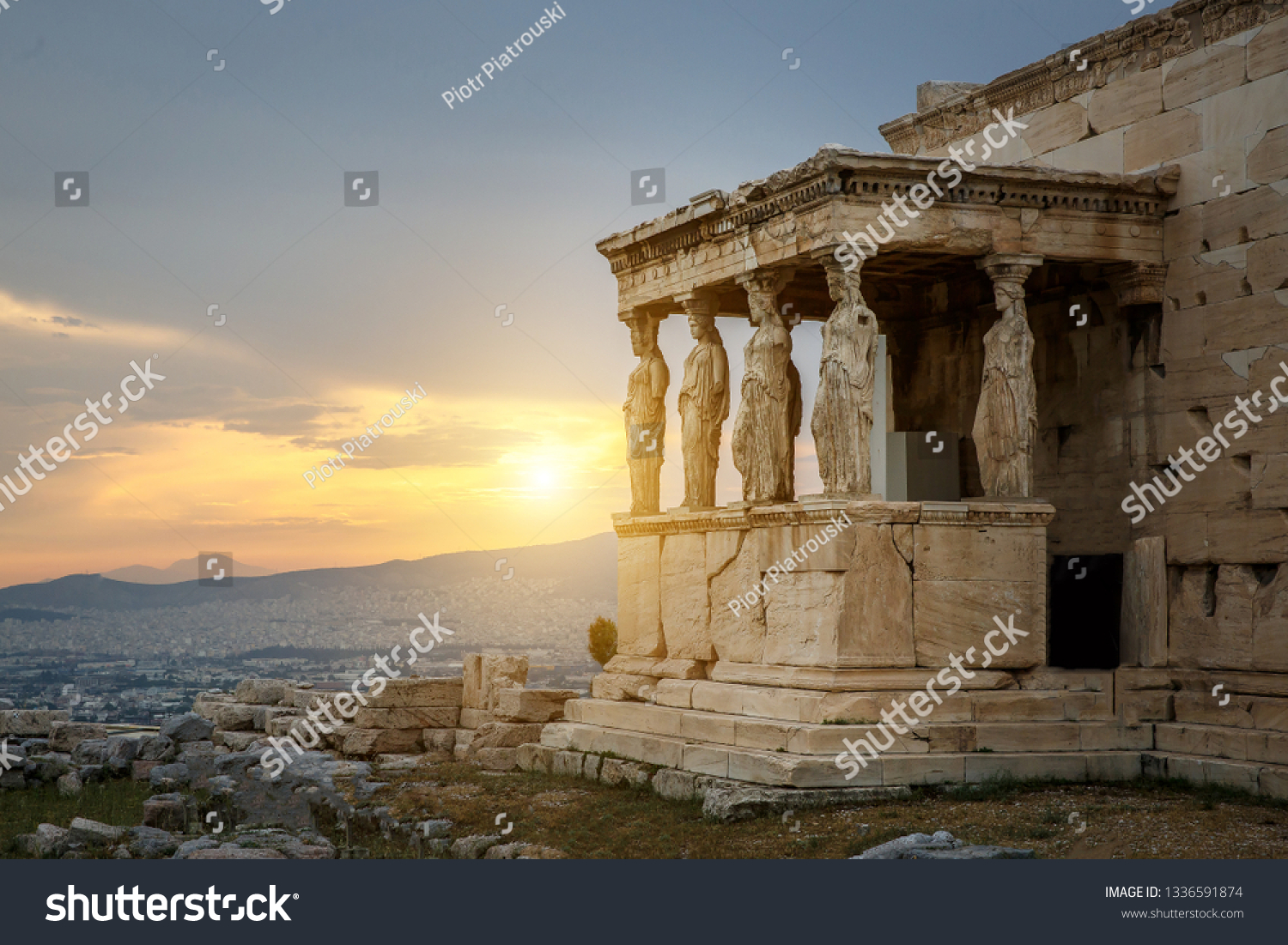 The Caryatids of the Erechtheion. A caryatid is a sculpted female figure serving as an architectural support taking the place of a column or a pillar supporting an entablature on her head. #1336591874