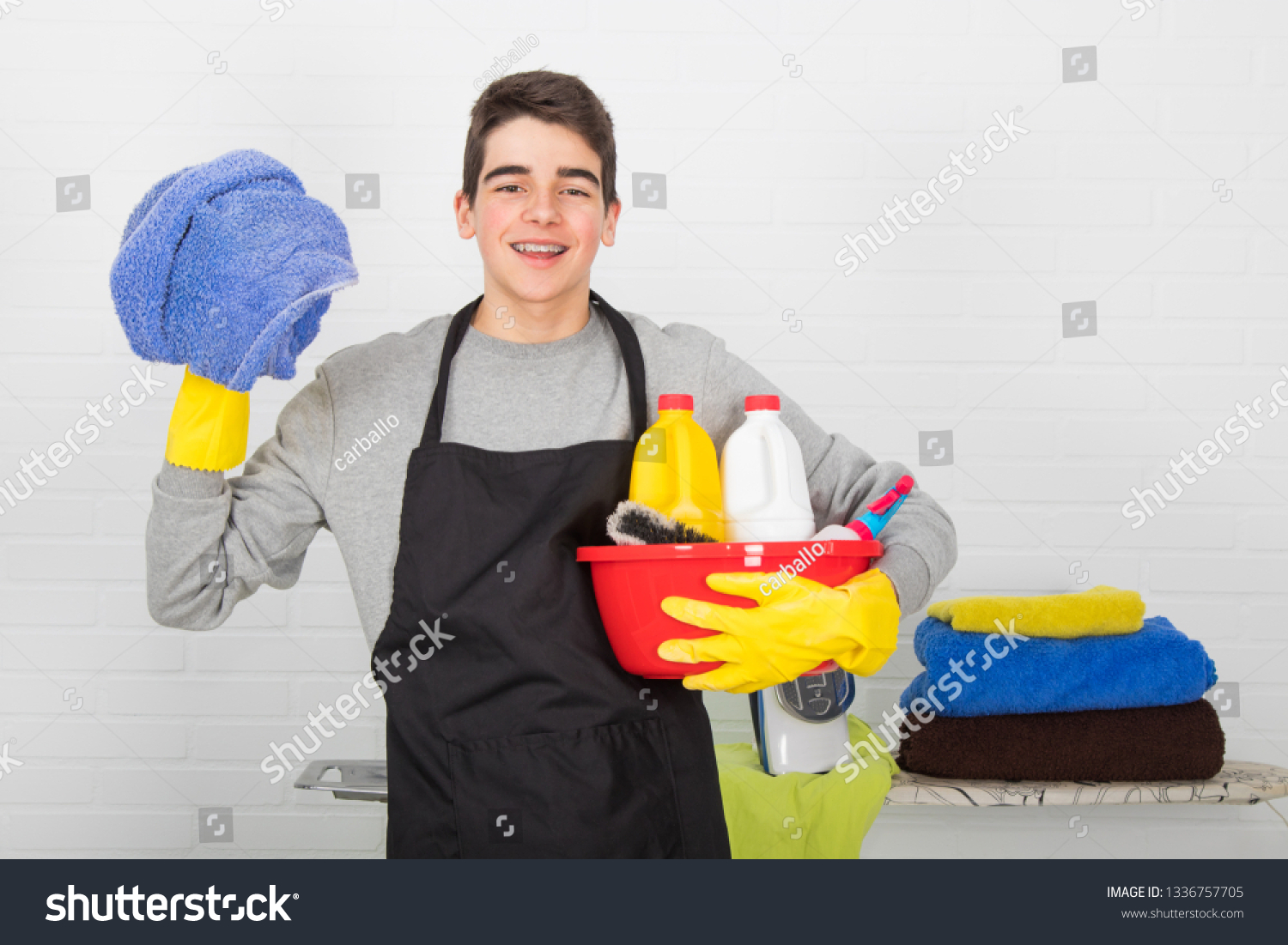 man with household and household cleaning products #1336757705