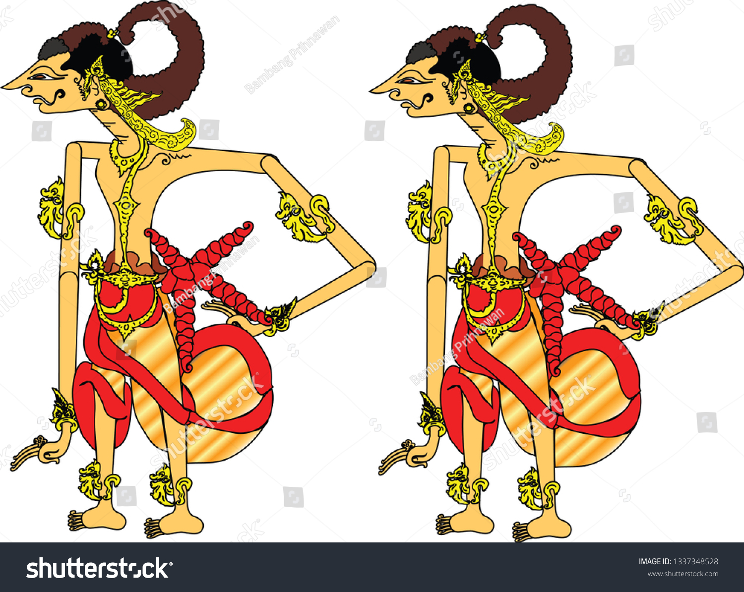  The image shows two characters from the Javanese puppet theater, Gatotkaca and Nakula-Sadewa, along with Kresna, a character from the Hindu epic Mahabharata.