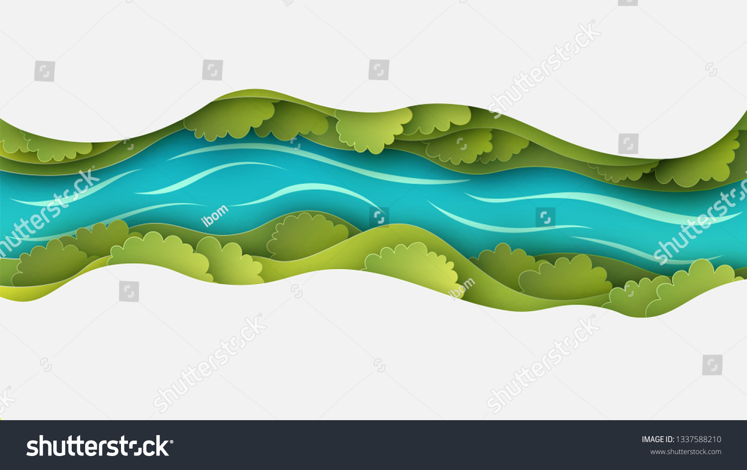 Paper layer cut of top view landscape in forest with trees, river, cloud and narrow valley. Landscape design on paper art. paper cut and craft style. vector, illustration.