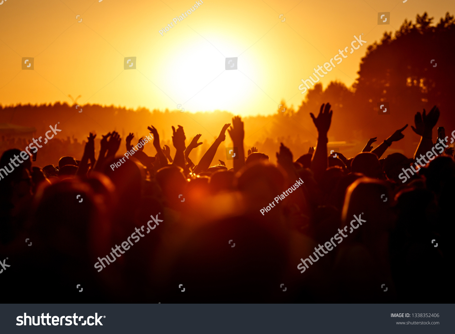People celebrating on an summer open air. Shillouettes of raised hands #1338352406