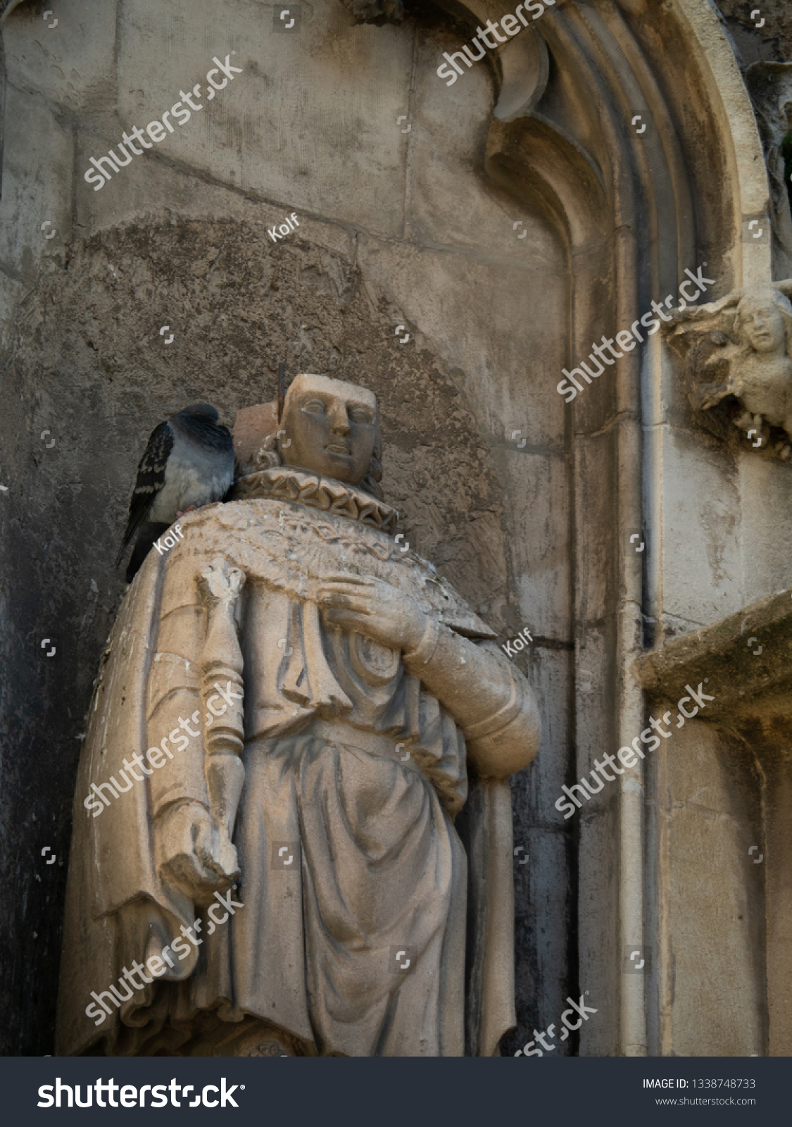 Close up of statue decorated at entrance of Aix Cathedral (Cathédrale Saint-Sauveur d'Aix-en-Provence) in Aix-en-Provence. Aix Cathedral was Built and re-built from the 12th until the 19th century. #1338748733