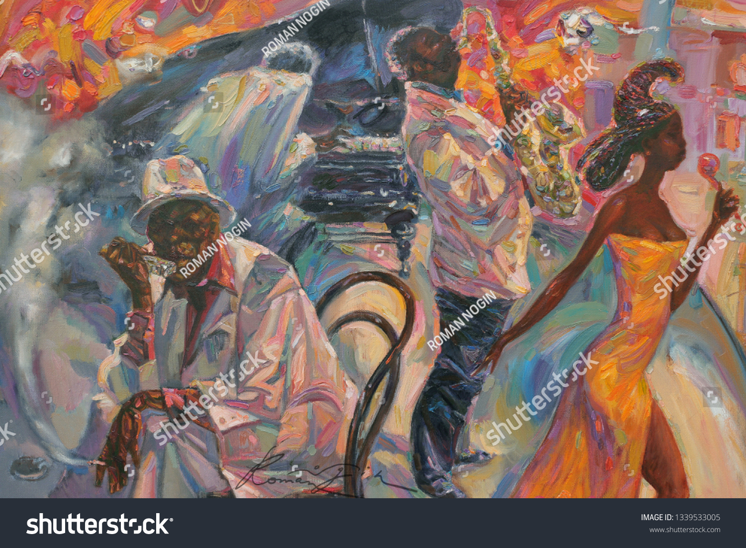 jazz band, oil painting, artist Roman Nogin, series "Sounds of Jazz."  #1339533005