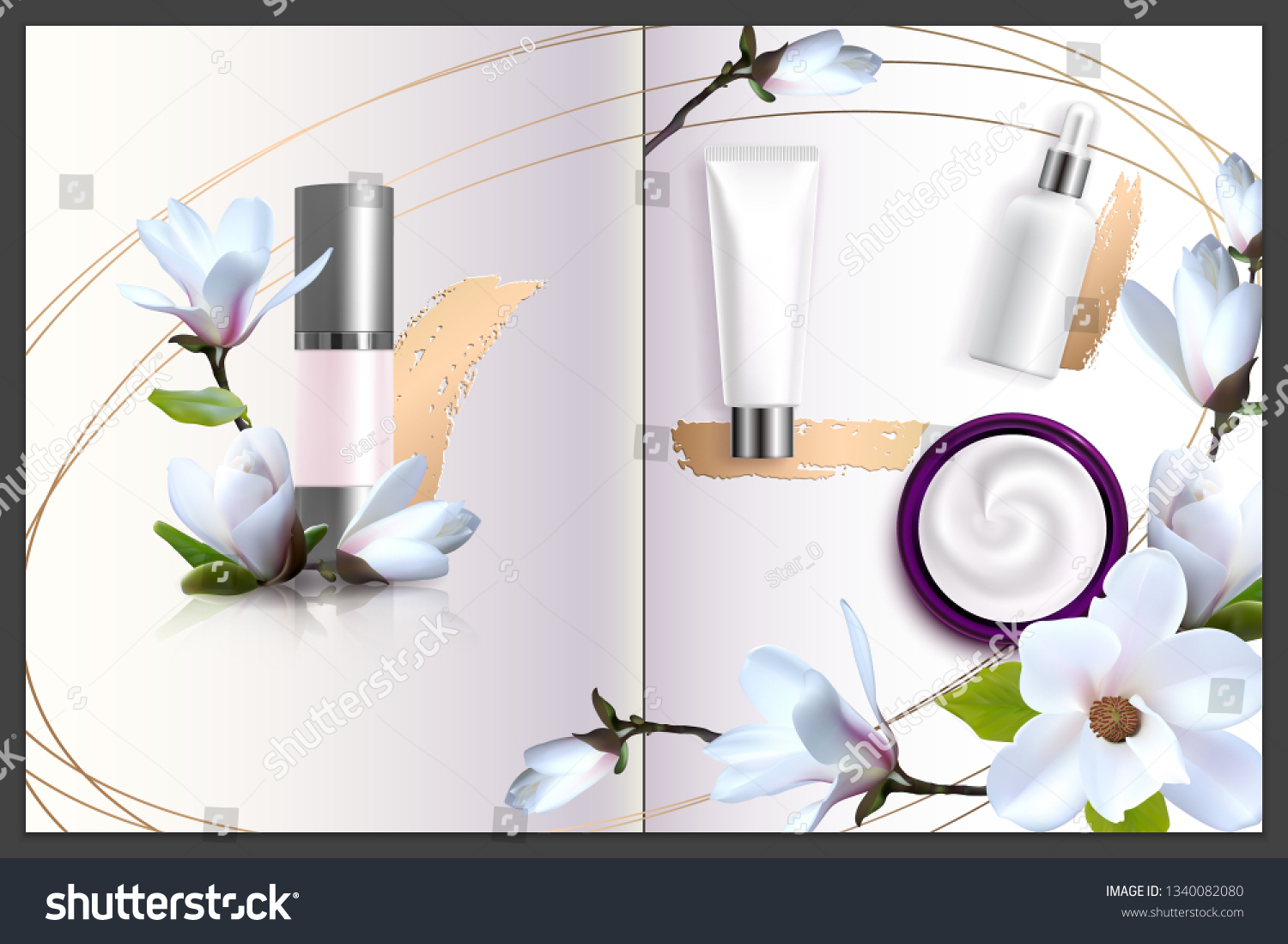 Advertising poster for cosmetic product with magnolia for catalog, magazine.Design of cosmetic package. Perfume advertising poster.Moisturizing toner, cream, gel, body lotion.Spring collection #1340082080