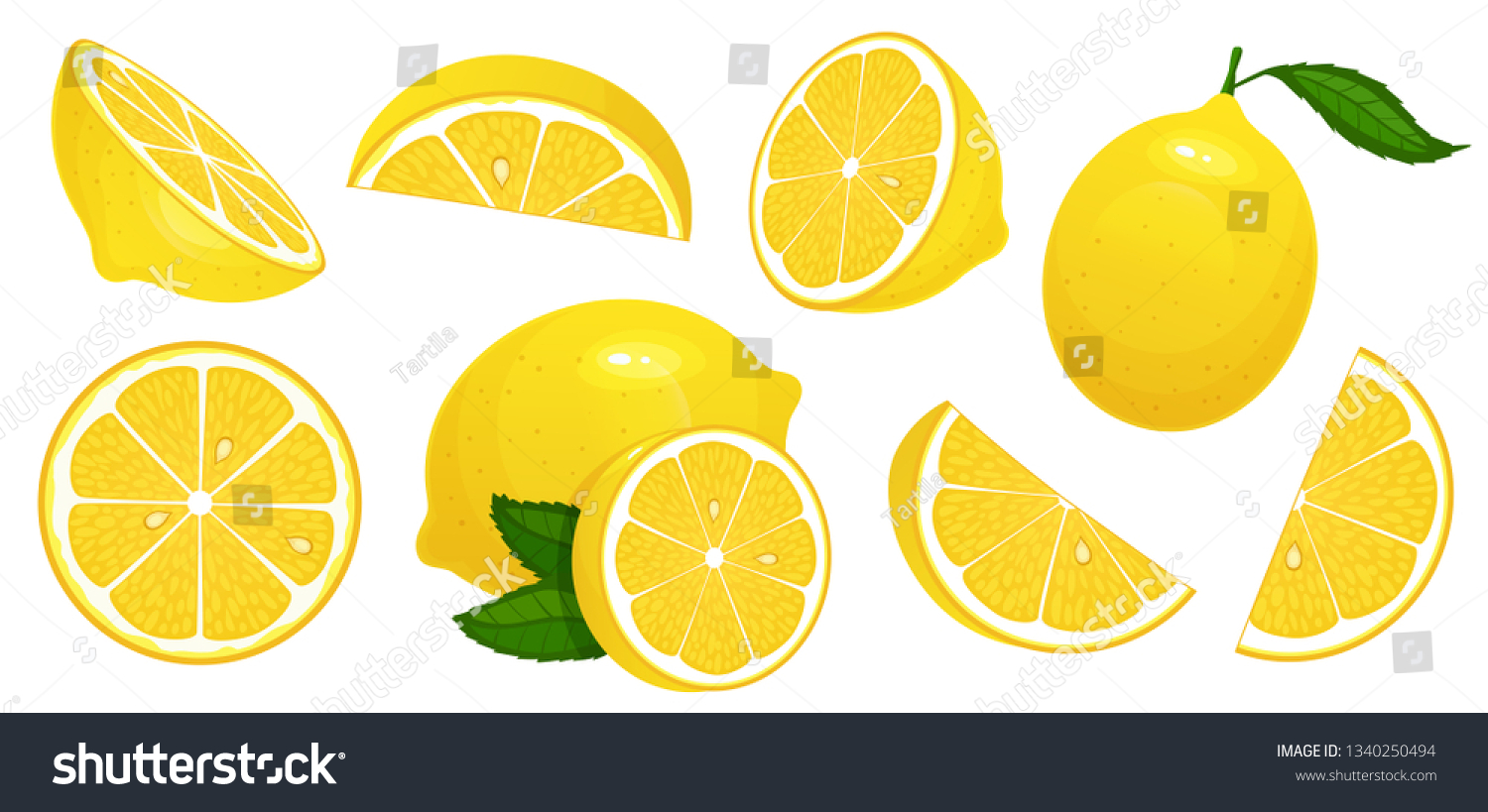 Lemon slices. Fresh citrus, half sliced lemons and chopped lemon. Cut lemons fruit slice and zest for lemonade juice or vitamin c logo. Isolated cartoon vector illustration icons set #1340250494