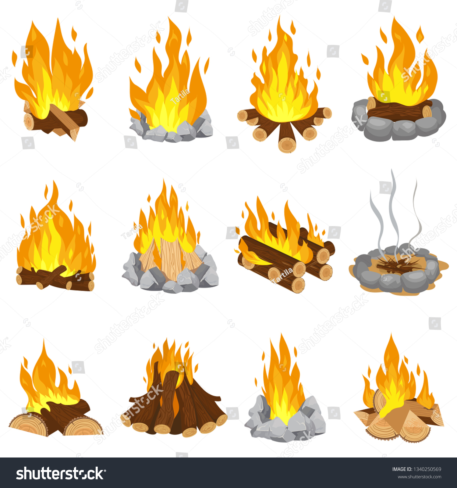 Wood campfire. Outdoor bonfire, fire burning wooden logs and camping stone fireplace. Firewood flames, burn campfire or bonfire flame fireplace. Cartoon vector illustration isolated symbols set #1340250569