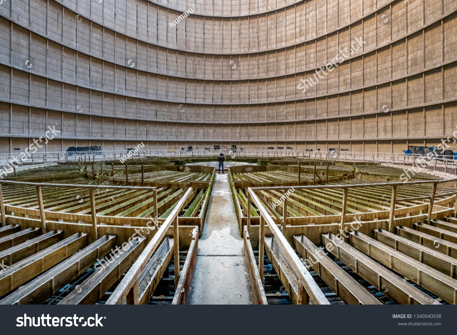 Charleroi, Belgium - 02 13 2019: Interior architecture view of a abandoned cooling tower in power plant of charleroi in Belgium #1340940938