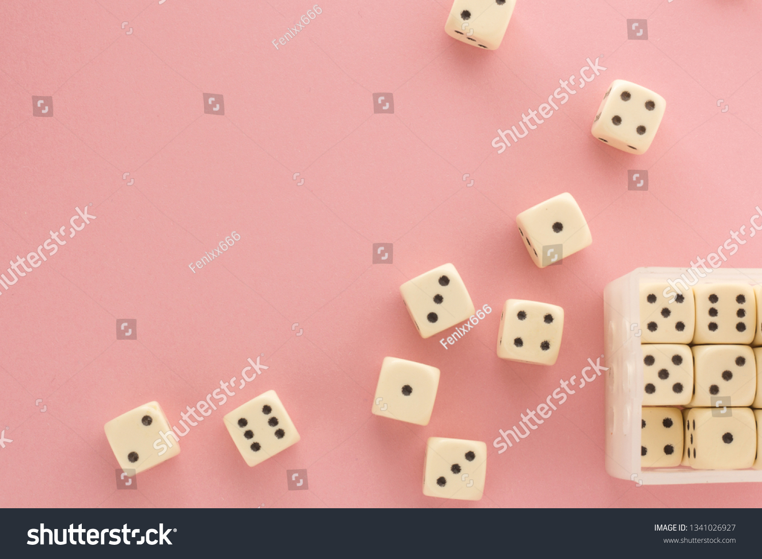 White gaming dices on pink background. victory chance and lucky. Flat lay style, place for text. Top view and Close-up cube. Concept business, gamble and game. Spectacular background pastel. #1341026927