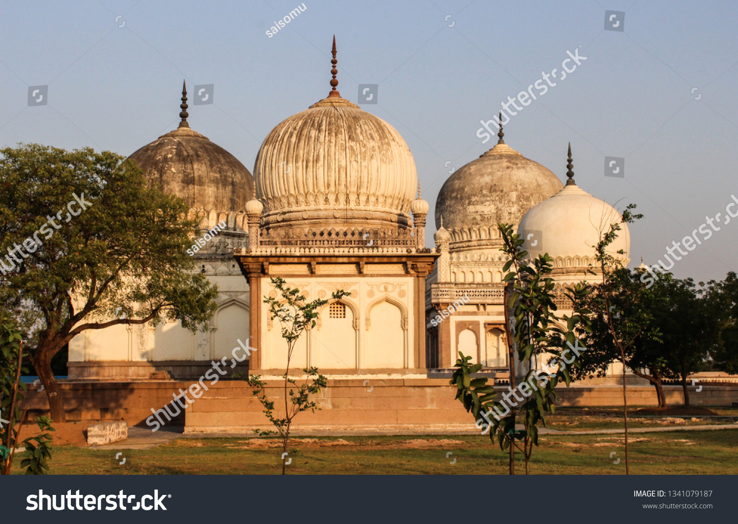 The Qutb Shahi Tombs are located in Hyderabad, India. 
The tombs form a large cluster and stand on a raised platform. The tombs are domed structures built on a square base surrounded by pointed arches #1341079187