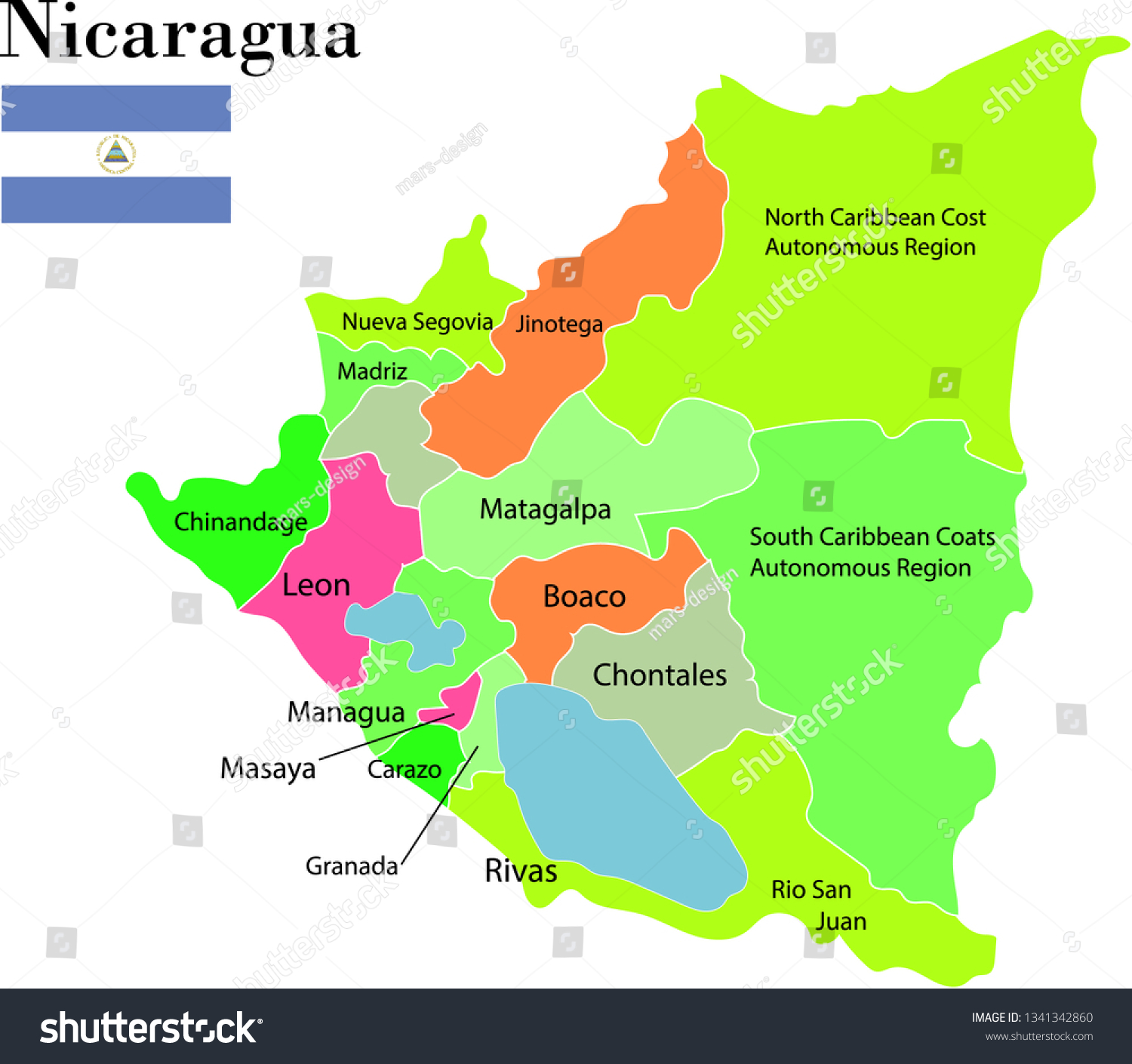 map of nicaragua vector - Royalty Free Stock Vector 1341342860 - Avopix.com