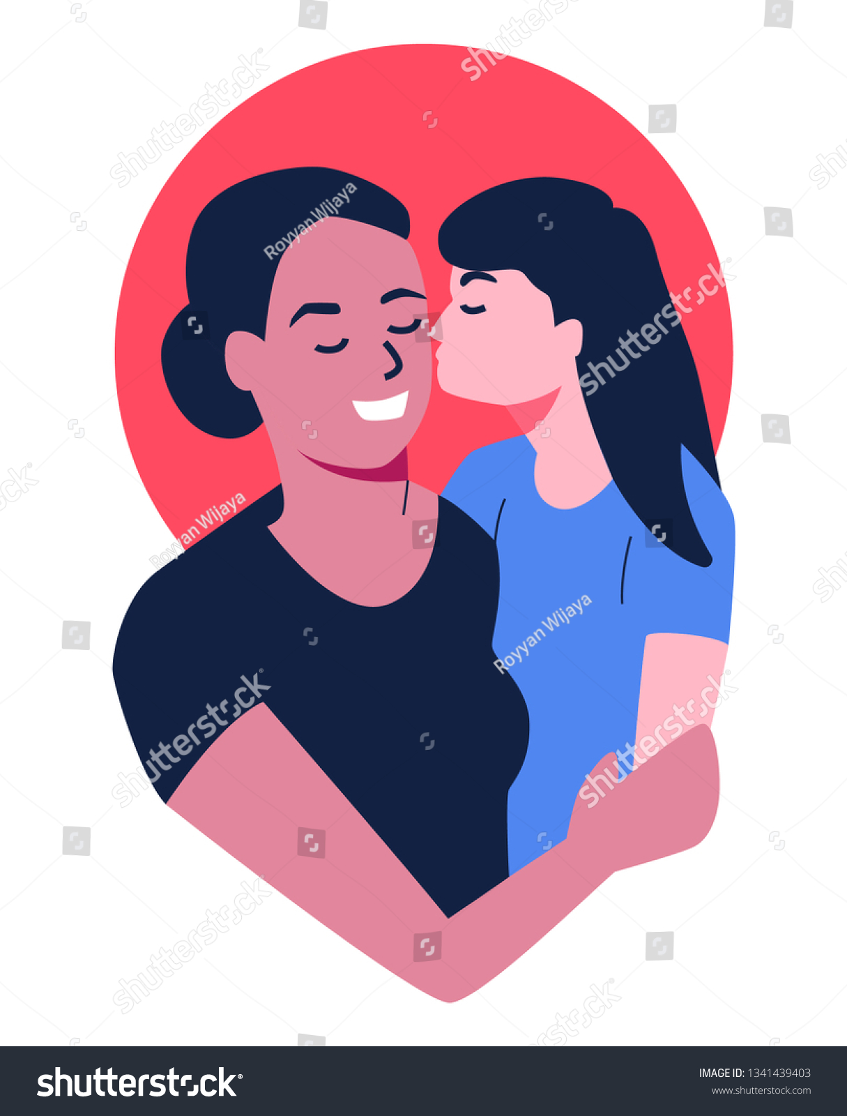 Daughter Kissing Her Mother And Hug Each Other Royalty Free Stock Vector 1341439403 