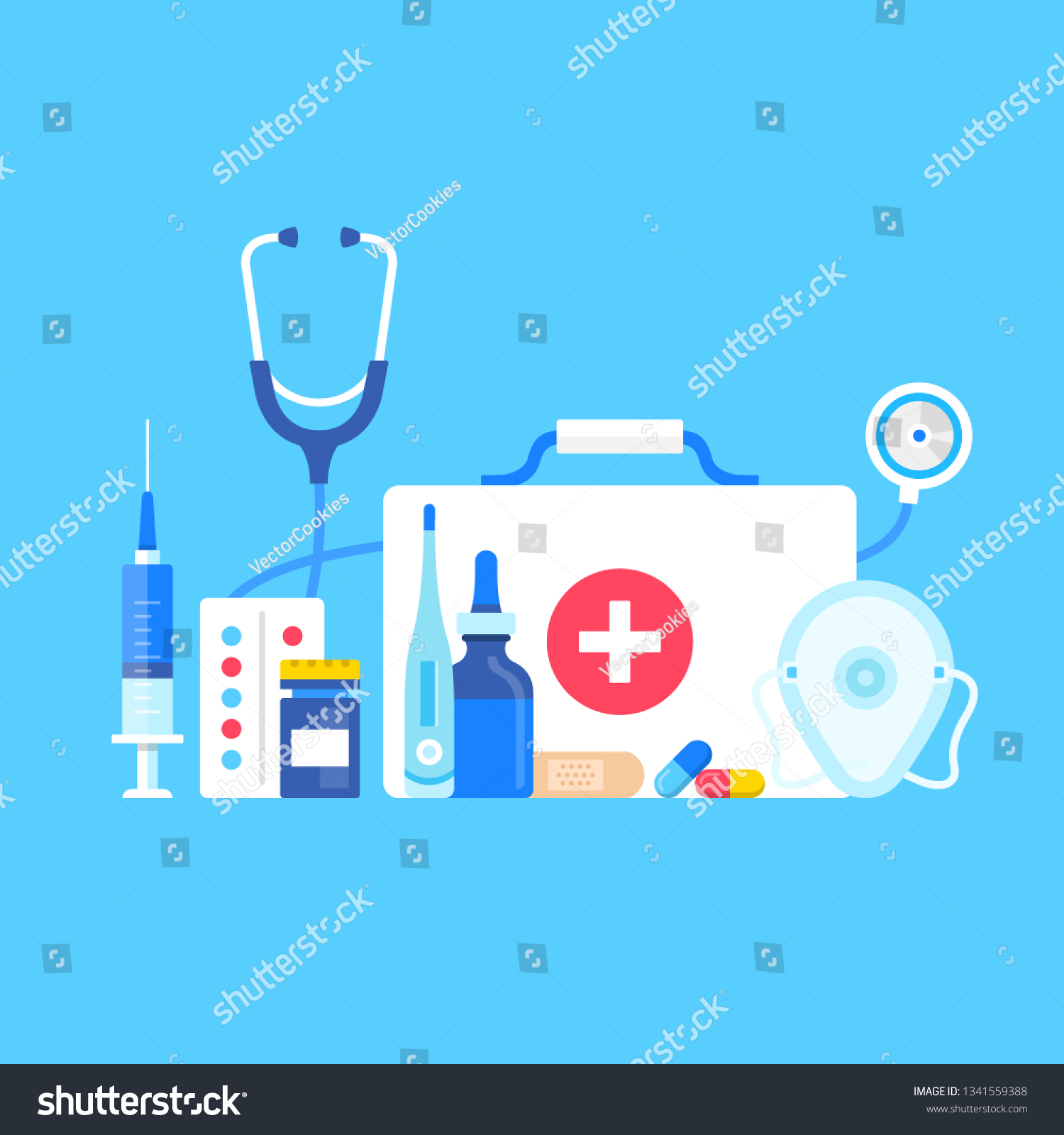 First aid kit. Vector illustration. Medical supplies, medical equipment concepts. Flat design. First aid kit with medical cross, stethoscope, syringe, pocket mask, pills, thermometer, adhesive bandage #1341559388
