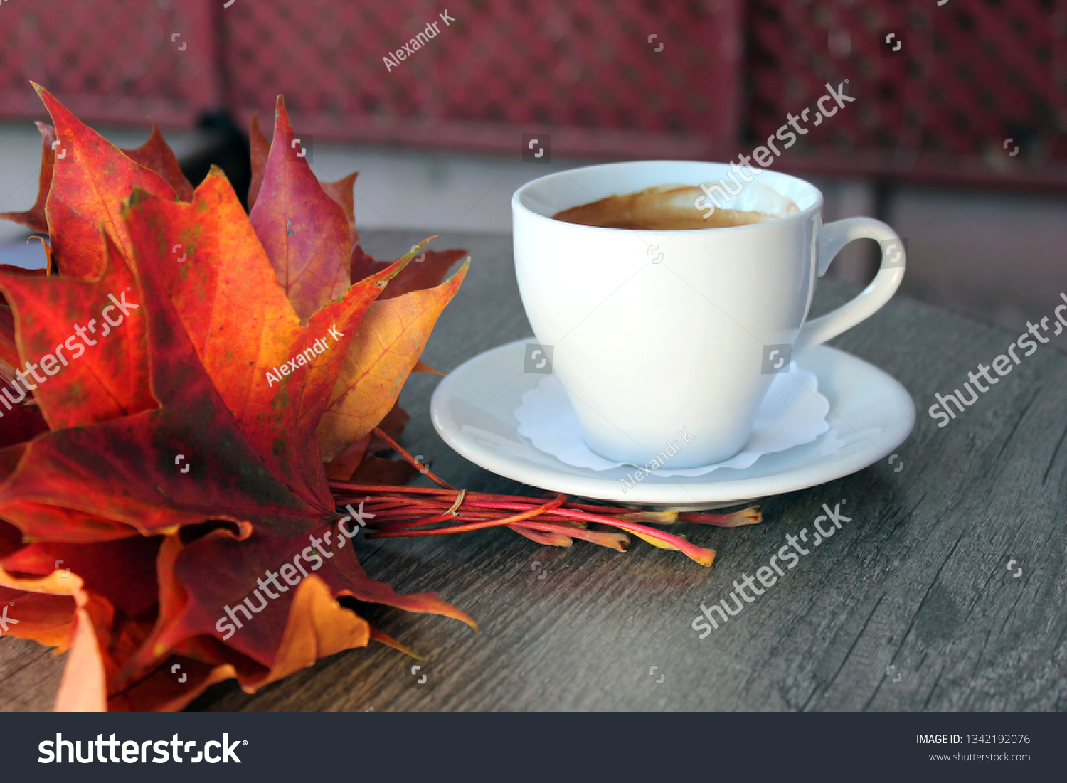 Autumn Fall Background with maple leaves and cup of black coffee - Autumn Card for your design, top view with copy space #1342192076