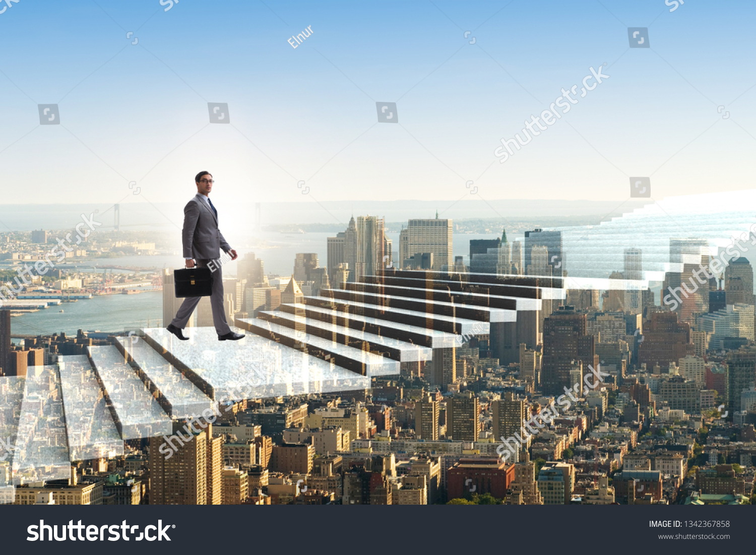 Businessman climbing career ladder over city #1342367858