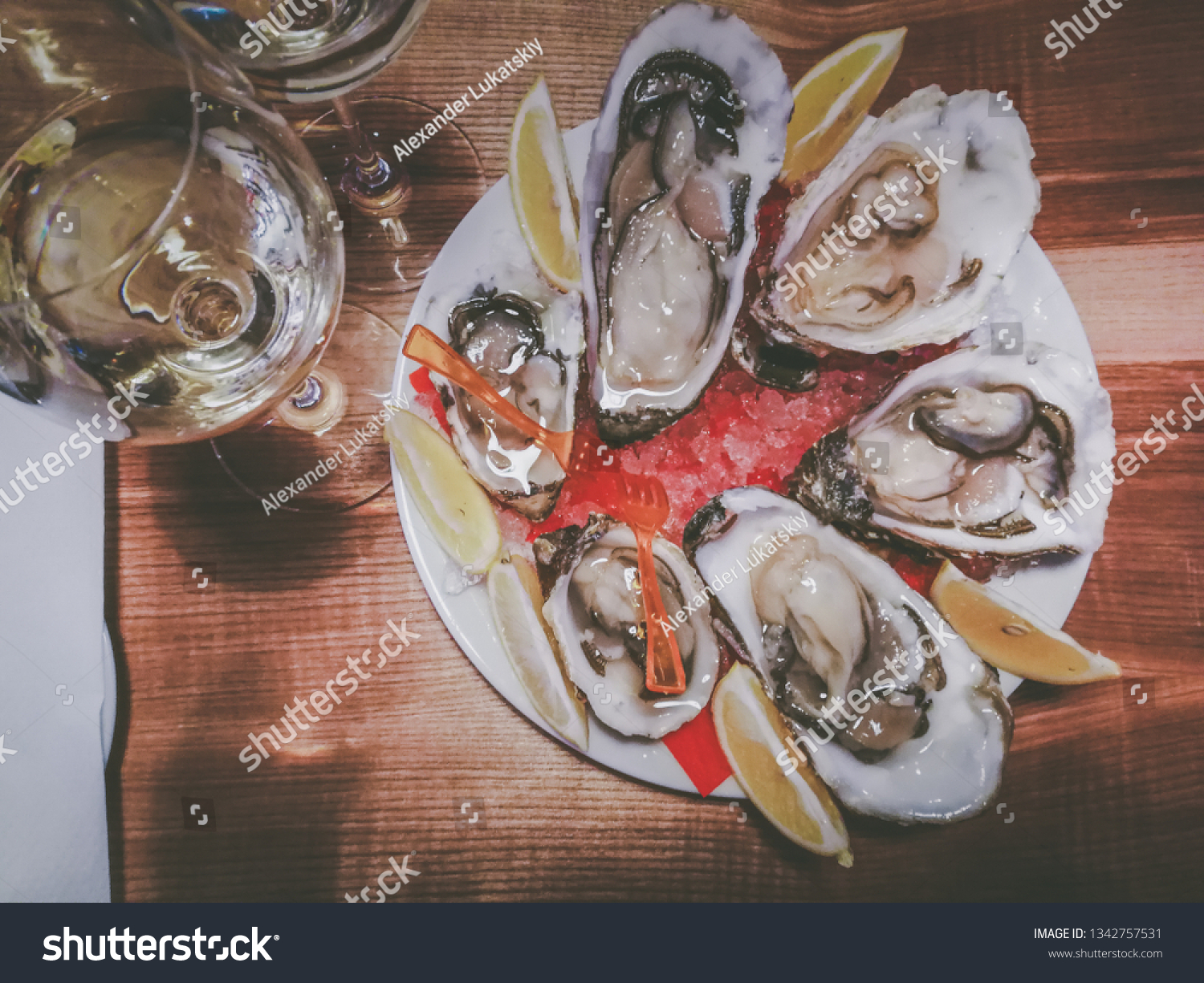 oysters with wine on the table #1342757531