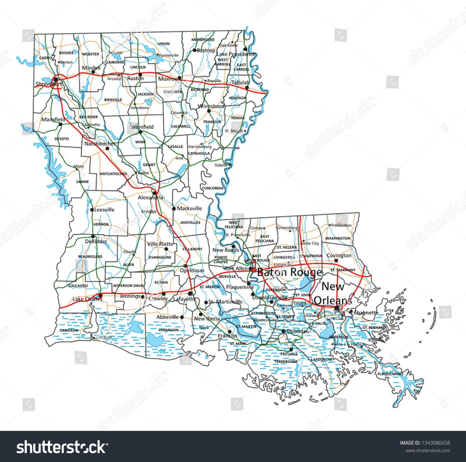 Louisiana Road And Highway Map Vector Royalty Free Stock Vector 1343086658 8730
