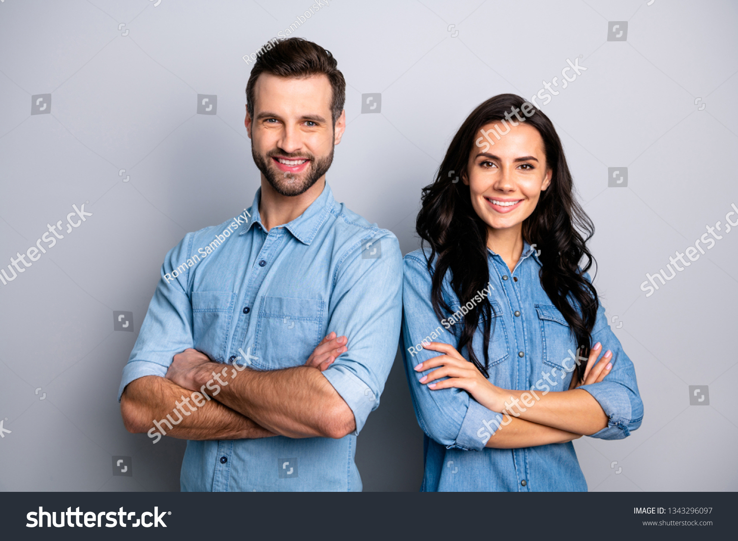 Portrait of charming charismatic freelancers entrepreneurs ready to solve business work problems take decisions. Wearing blue denim jackets isolated on ashy-gray background #1343296097