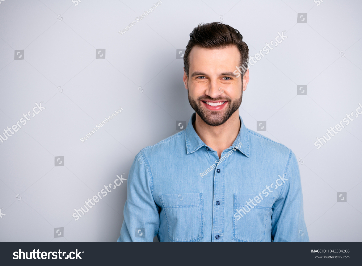 Close up photo amazing attractive he him his guy gladly toothy smiling self-confidently look camera easy-going wearing casual jeans denim shirt outfit clothes isolated grey background #1343304206