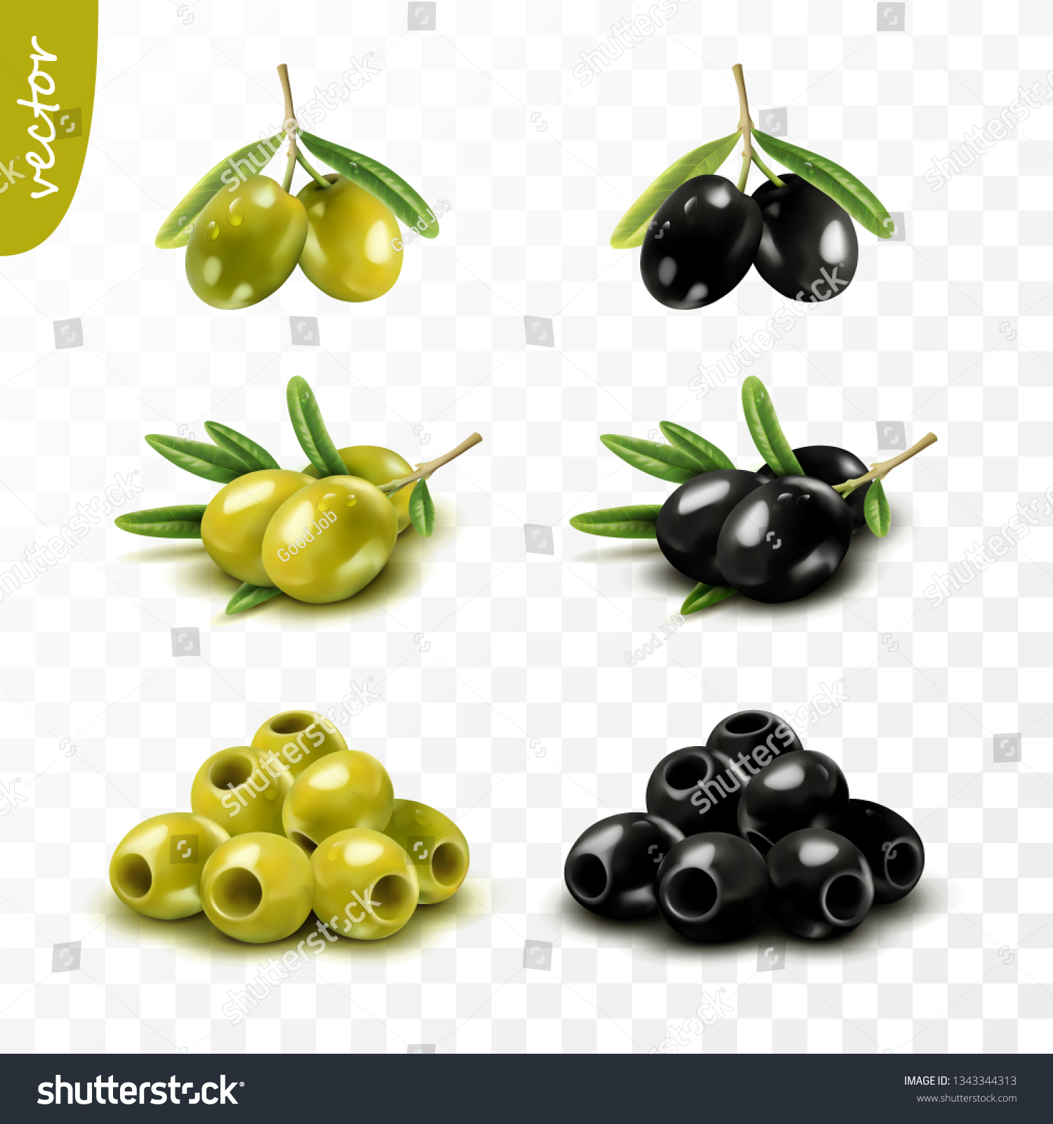 Isolated 3D green and black olives with leaves, seedless, realistic vector set #1343344313