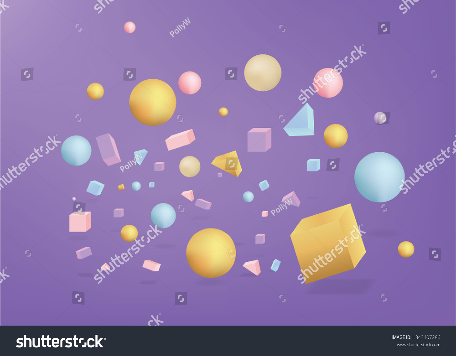 3d figures realistic vector primitives composition abstract minimalism with flying objects and  shapes in motion isolated on purple background. Material design for web and print futuristic decoration  #1343407286