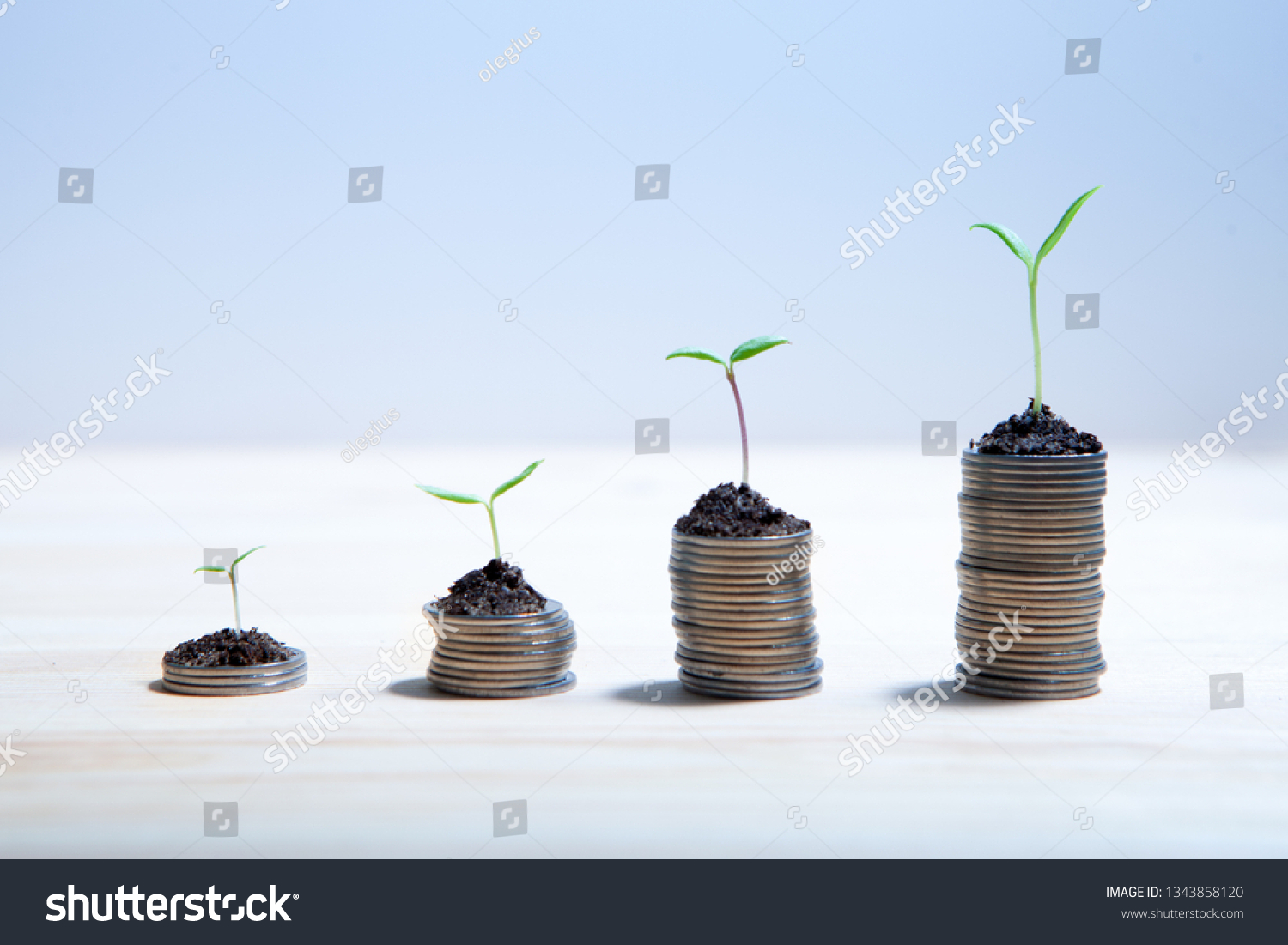 Idea money growing concept. Business success concept. Trees growing on pile of coins money  #1343858120