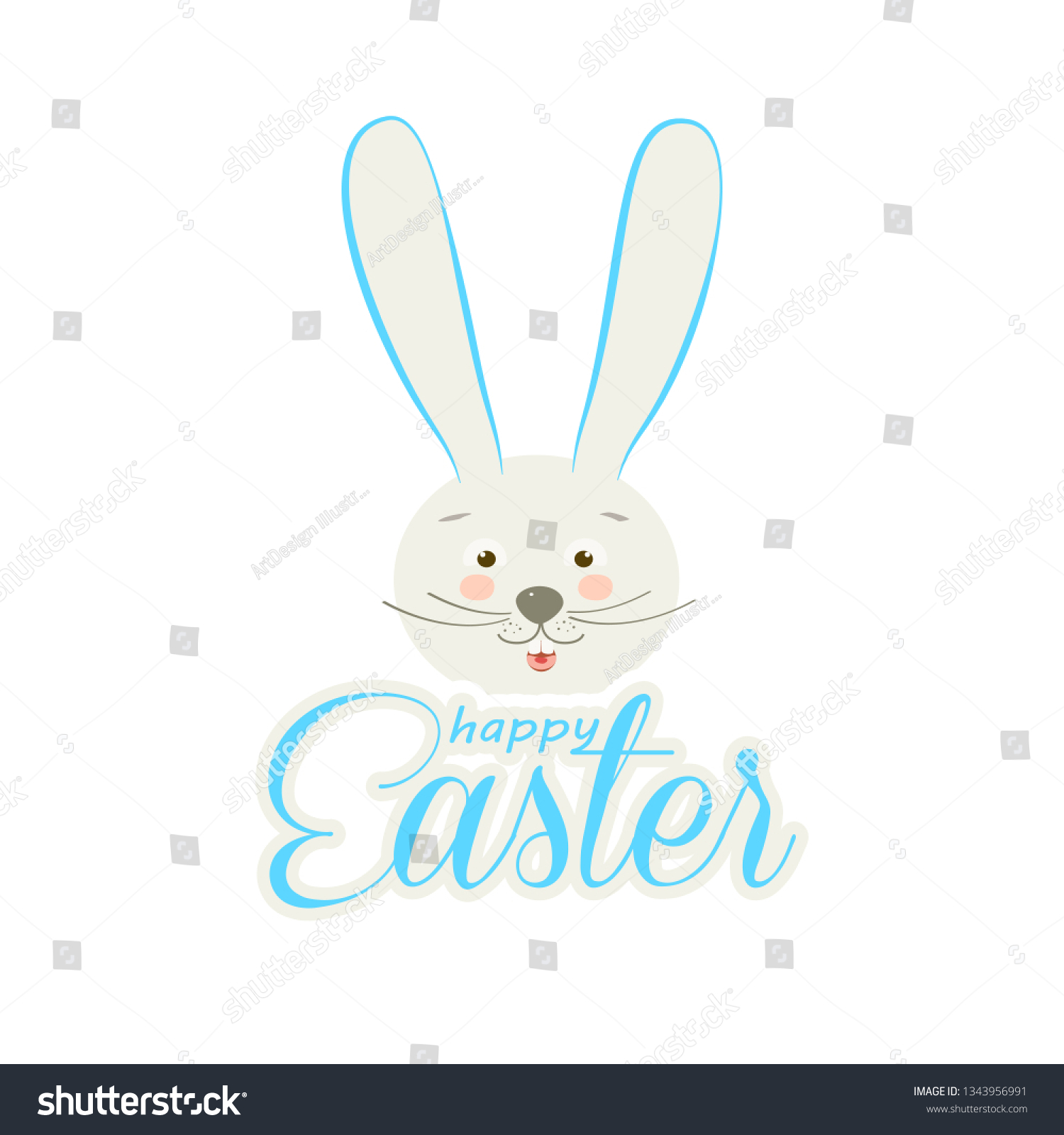 Happy Easter calligraphy greeting card  bunny character icon, cartoon rabbit animal, minimalist trendy style line art design fashion banner sale sign. Spring Holiday floral decoration #1343956991