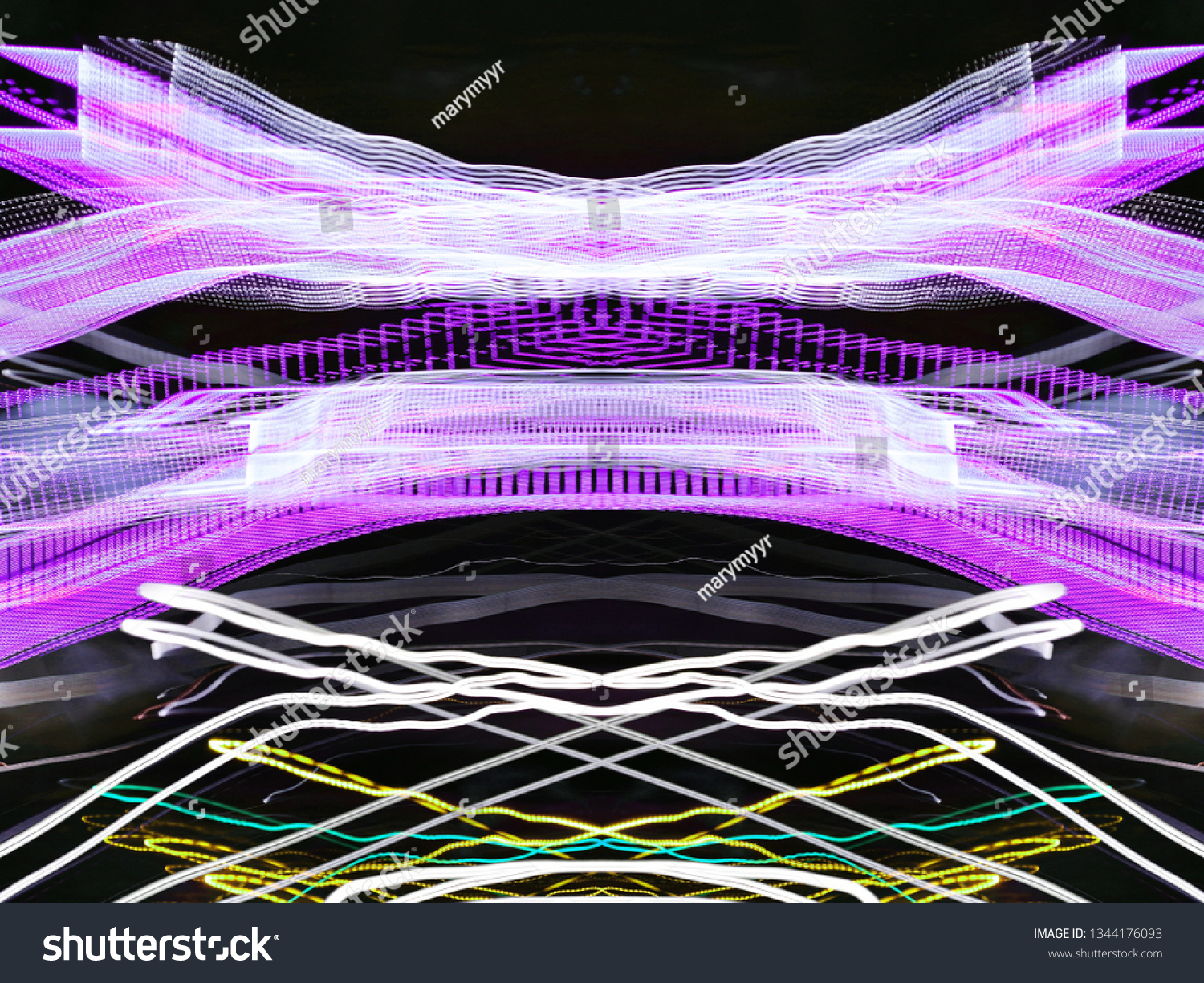Symmetry and reflection. Neon glow. Abstract blurred background. Texture. Colorful pattern. #1344176093