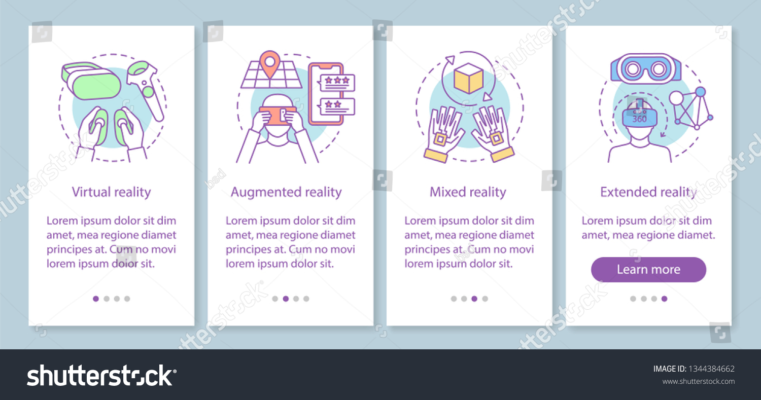 VR technology onboarding mobile app page screen with linear concept. Virtual, augmented, mixed, extended realities walkthrough steps graphic instruction. UX, UI, GUI vector template with illustrations #1344384662