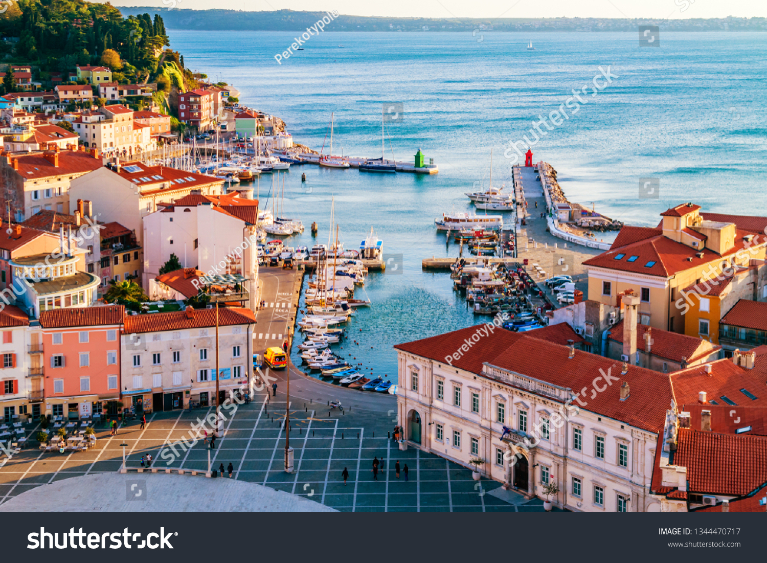 View from George's tower on Piran old town with Tartini main square and Adriatic sea. Slovenia. #1344470717