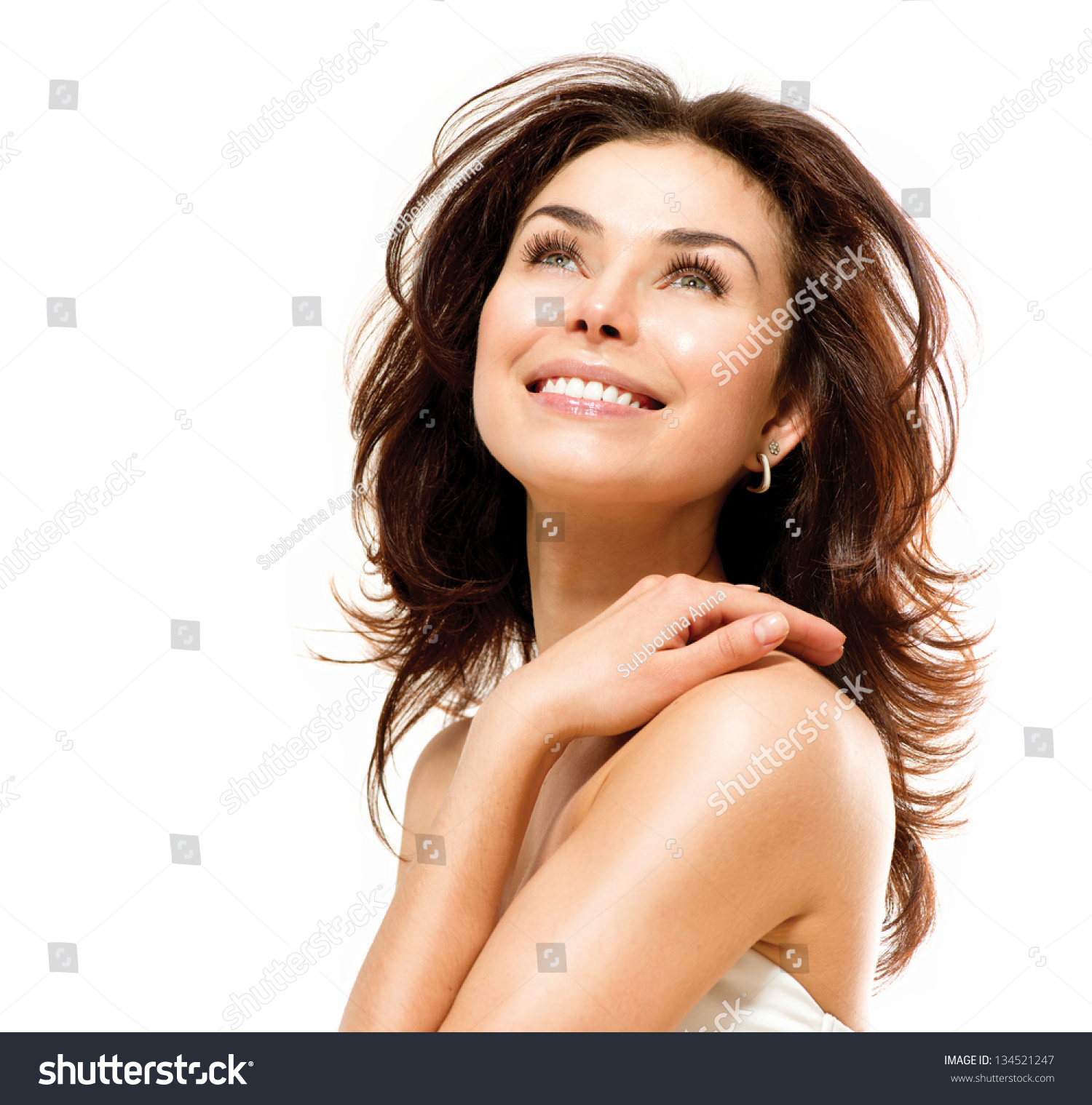 Beauty Woman. Beautiful Young Female touching Her Skin. Portrait isolated on White Background. Healthcare. Perfect Skin. Beauty Face. #134521247