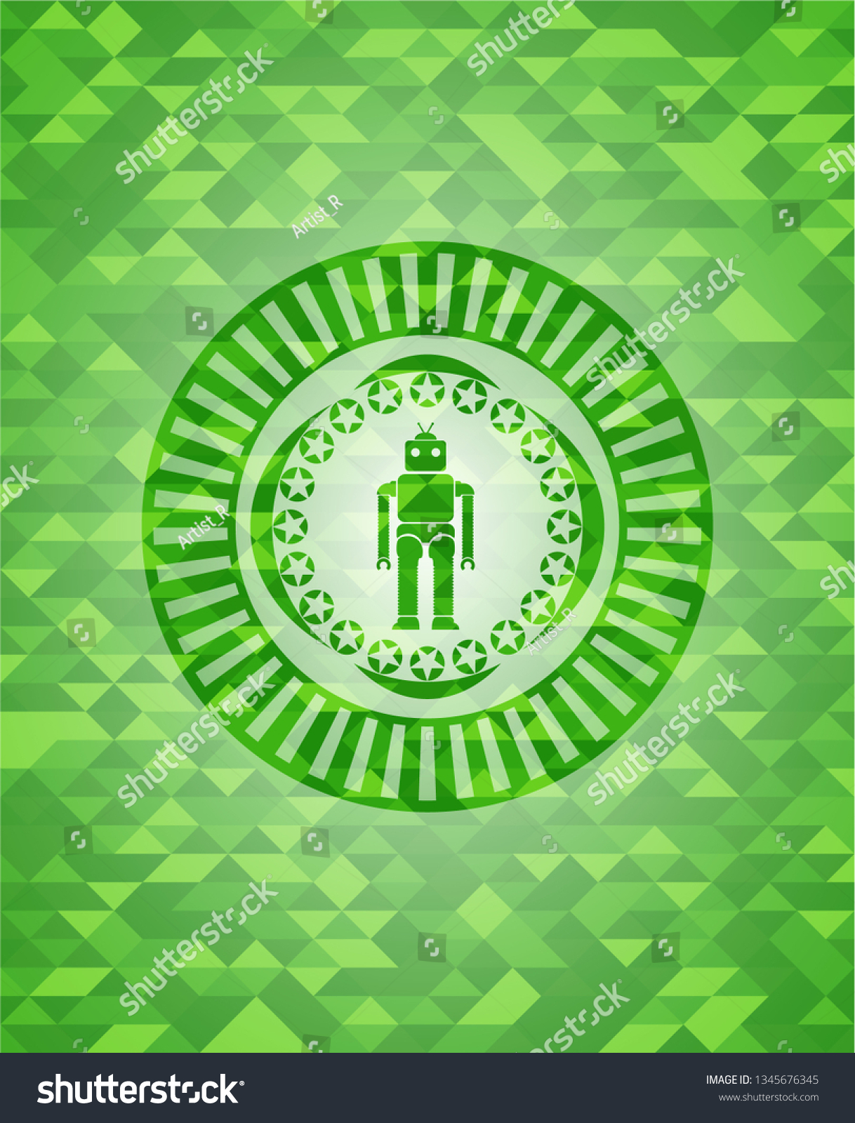robot icon inside green emblem with mosaic background #1345676345