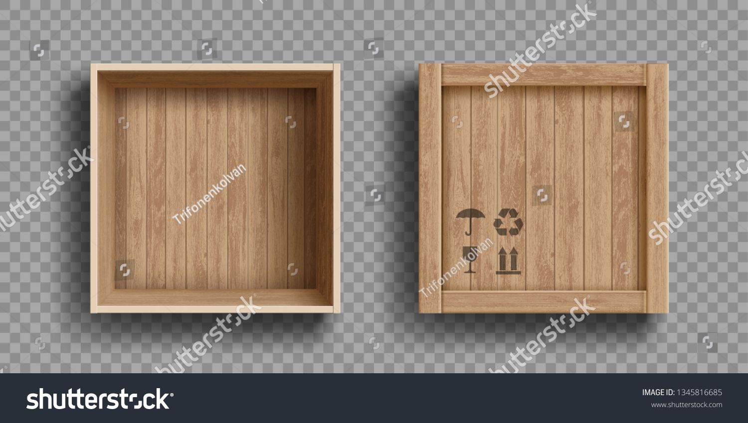 Empty open and closed wooden box. Isolated on a transparent background. Vector illustration.