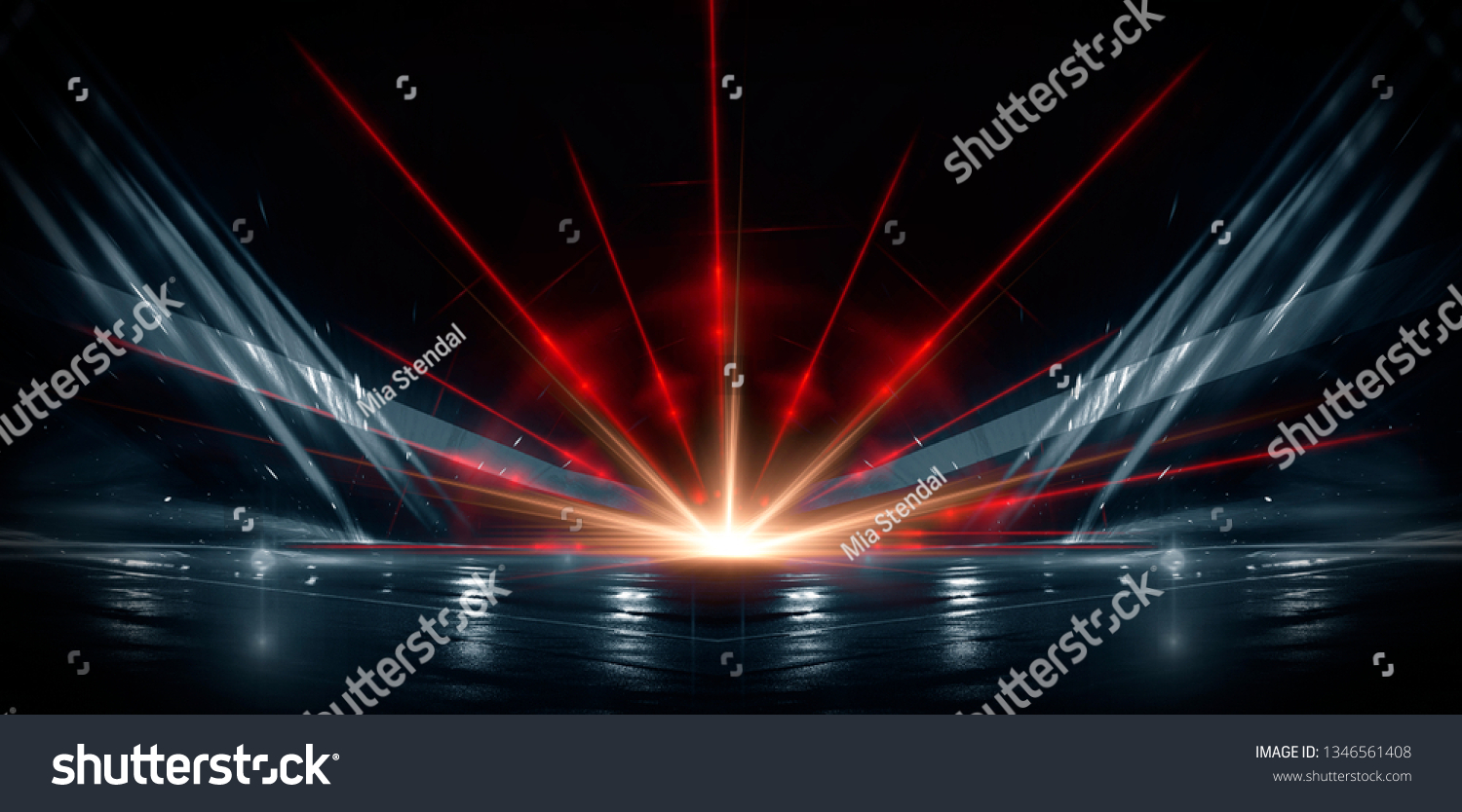 Neon lines on a dark background. Space background, lights space units. Abstract neon background, tunnels, corridors, lenses, glare, laser beams. The virtual reality #1346561408