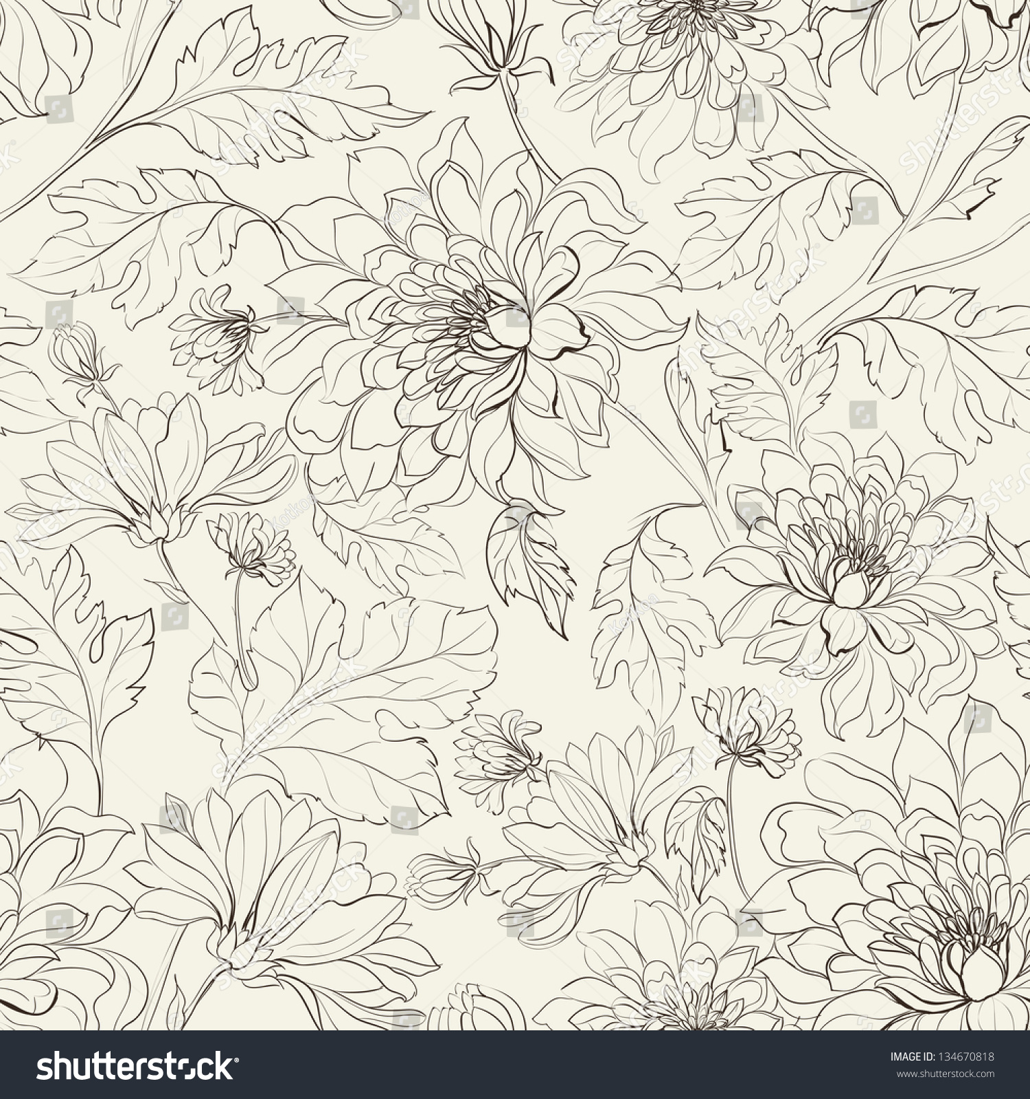 Seamless floral pattern with chrysanthemums. Vector illustration. #134670818
