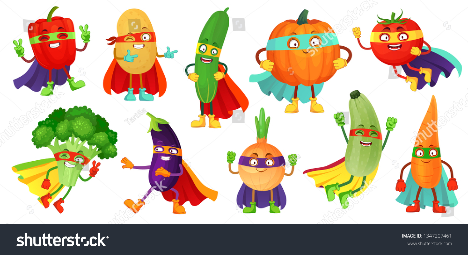 Superhero vegetables. Super cucumber, hero mask on pumpkin and vegetable food with superheroes cloak. Vegetarian superheroes characters. Cartoon vector illustration isolated icons set #1347207461