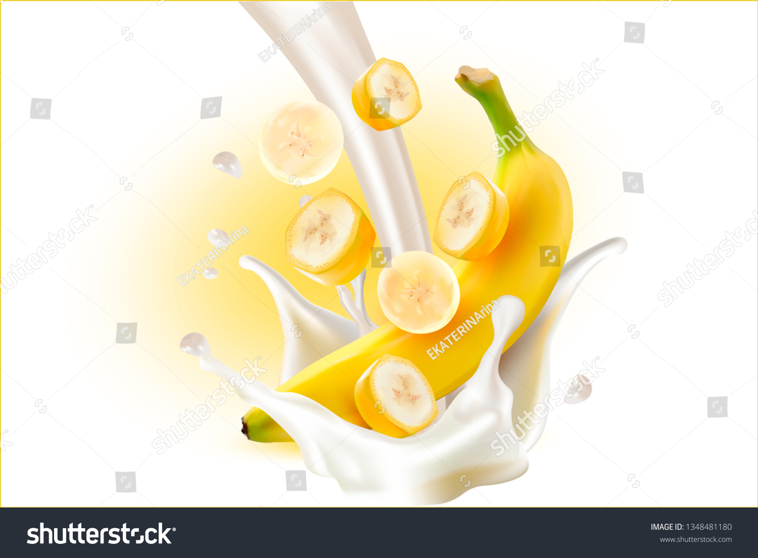 3d. Splash of Banana Milk. 3d.Vector image of a Banana.Realistic yellow Banana on the White background.Slices, pieces. #1348481180