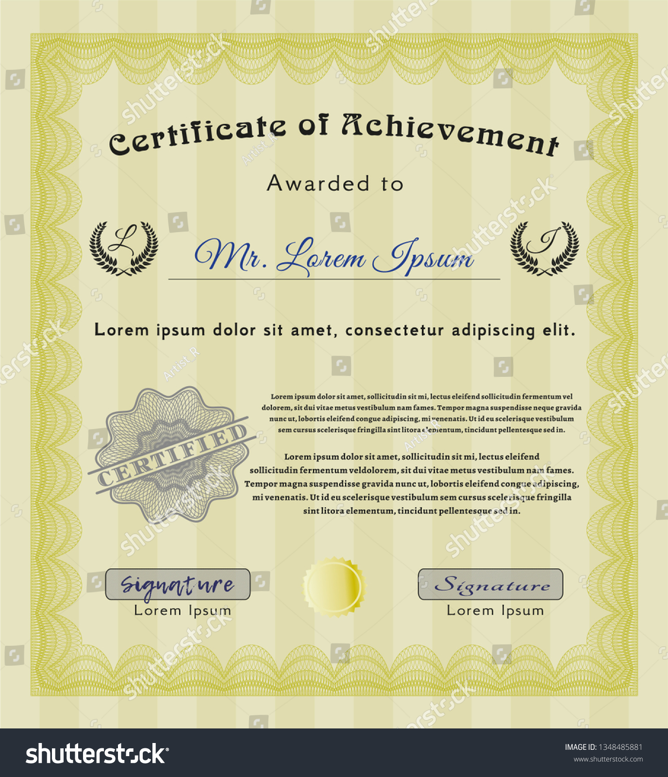 Yellow Diploma or certificate template. With quality background. Modern design. Detailed.  #1348485881
